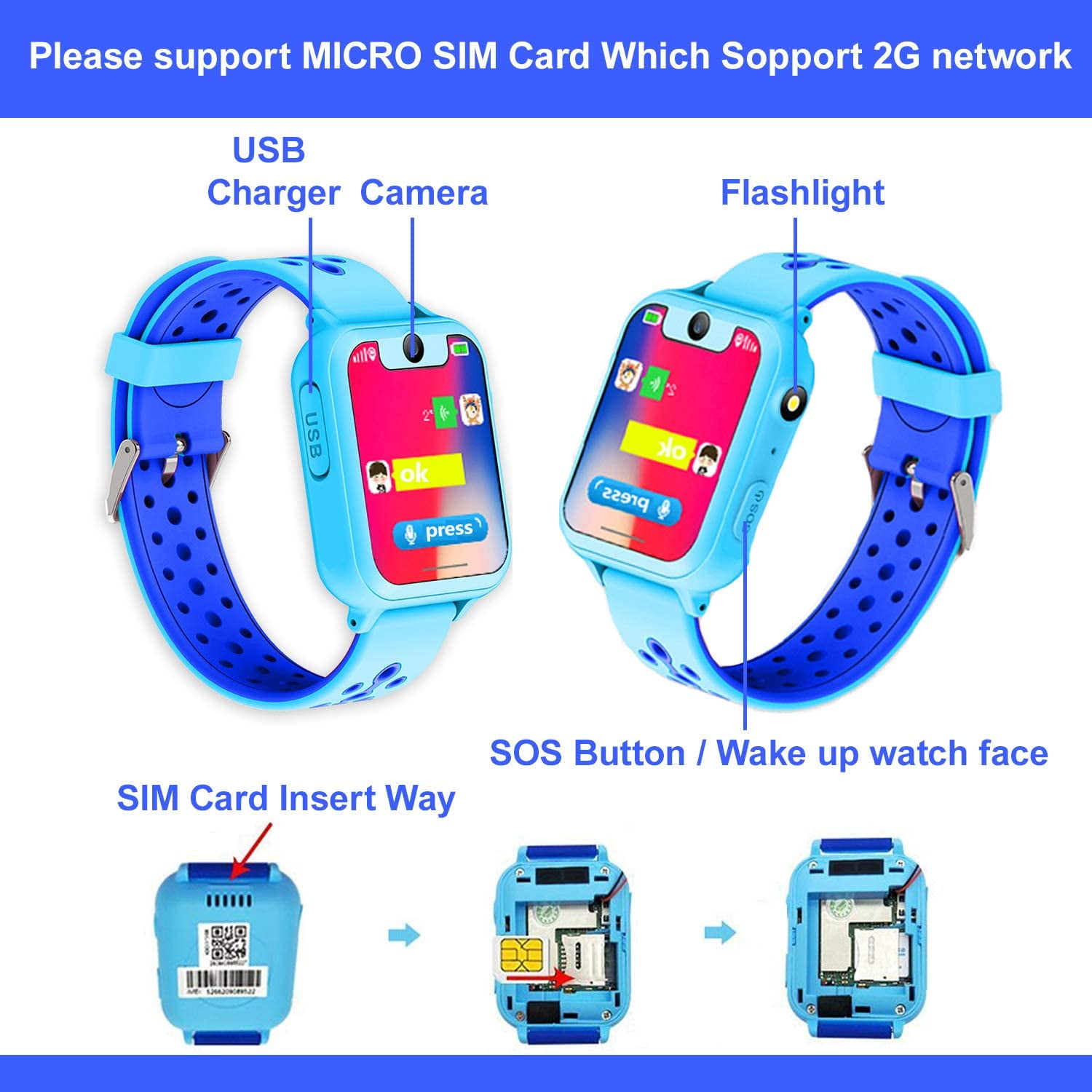EIMELI Kids GPS Anti-Lost Smart Watch,1.54 inch Touch Screen SOS GPS Location Flashlight with HD Camera Playing Games UI Dial SOS Emergency Alarm Low-Power Alarm Function (Blue) - Image 3