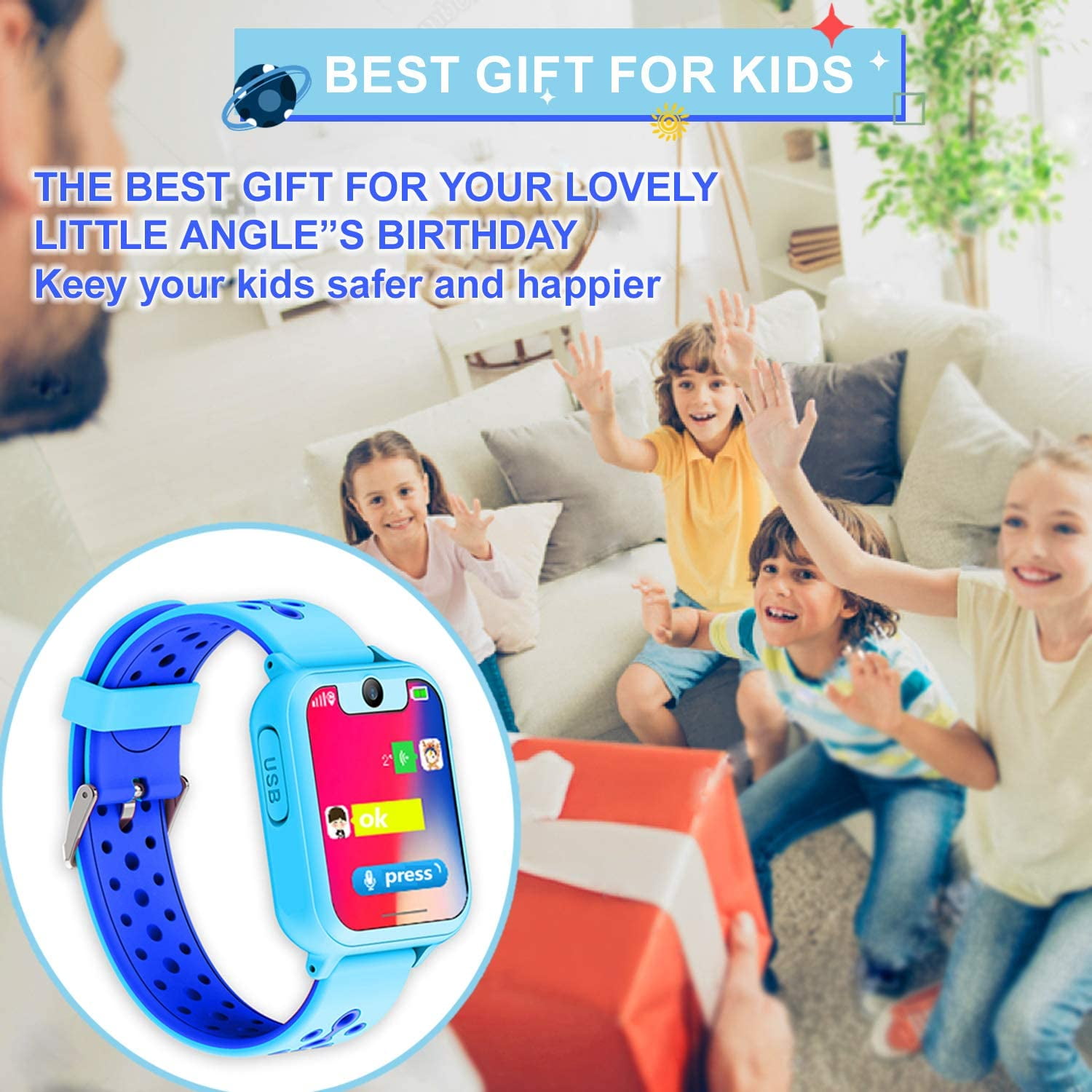 EIMELI Kids GPS Anti-Lost Smart Watch,1.54 inch Touch Screen SOS GPS Location Flashlight with HD Camera Playing Games UI Dial SOS Emergency Alarm Low-Power Alarm Function (Blue) - Image 4