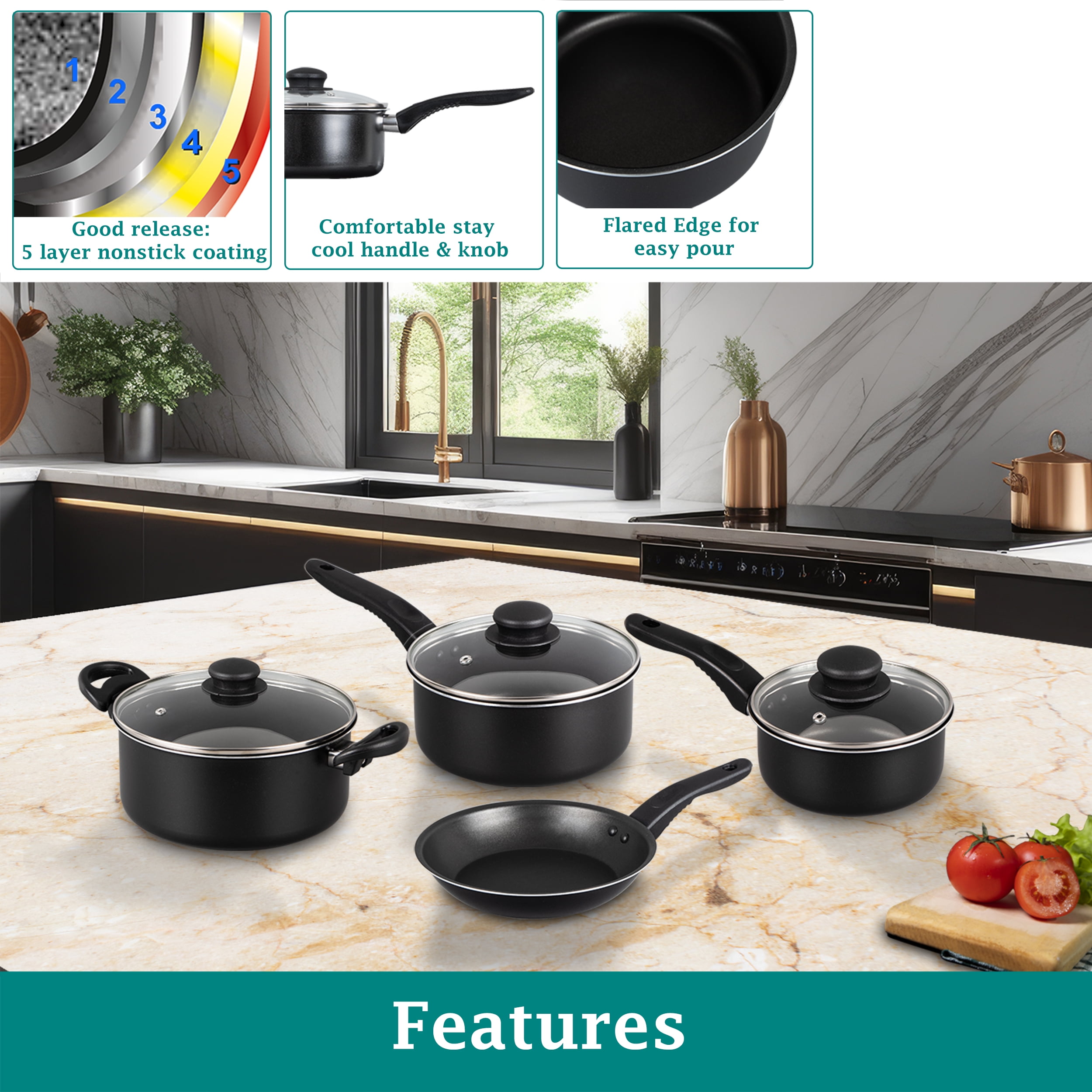 Mainstays 7 Piece Non Stick Aluminium, Pots and Pans Cookware Set, Black - Image 2