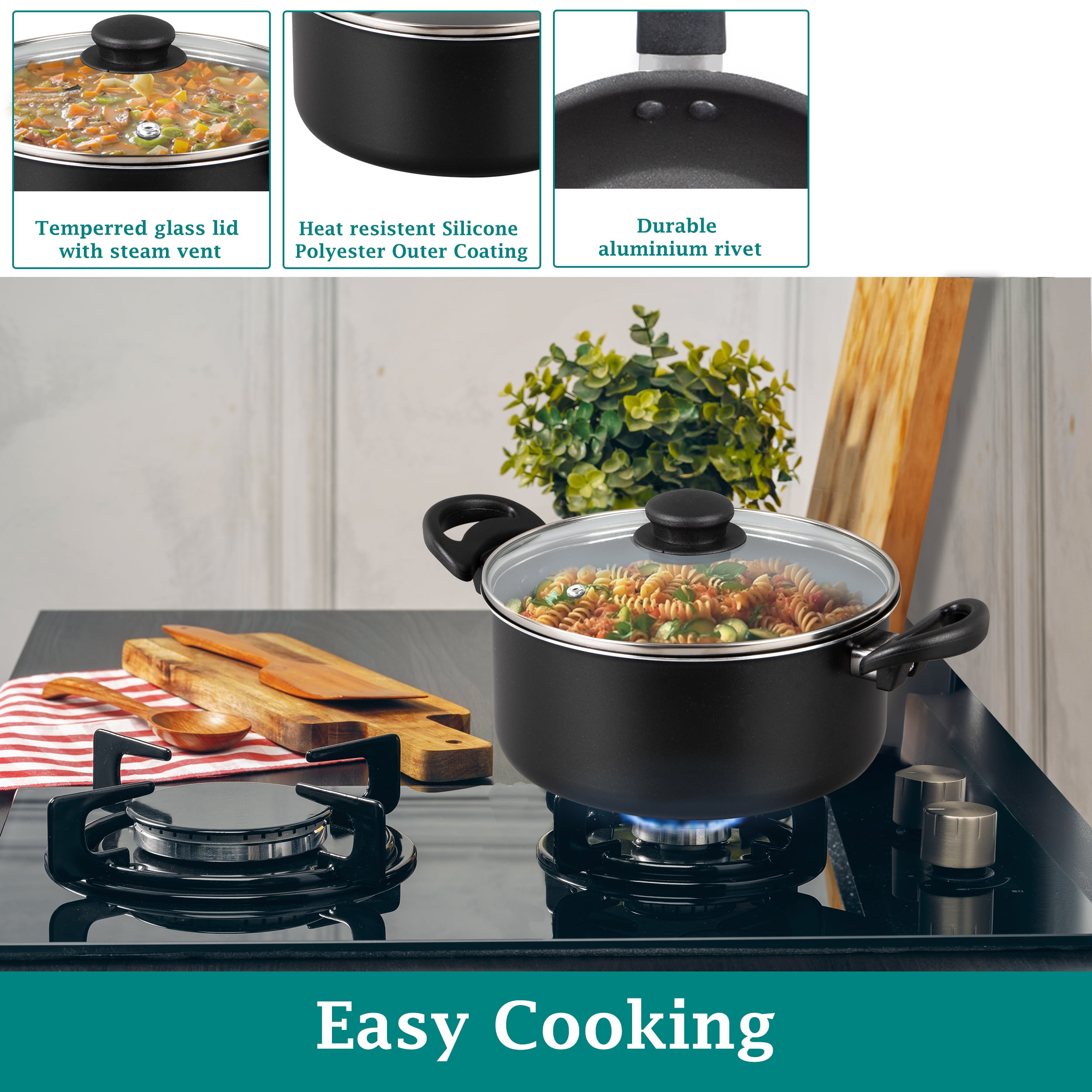 Mainstays 7 Piece Non Stick Aluminium, Pots and Pans Cookware Set, Black - Image 4