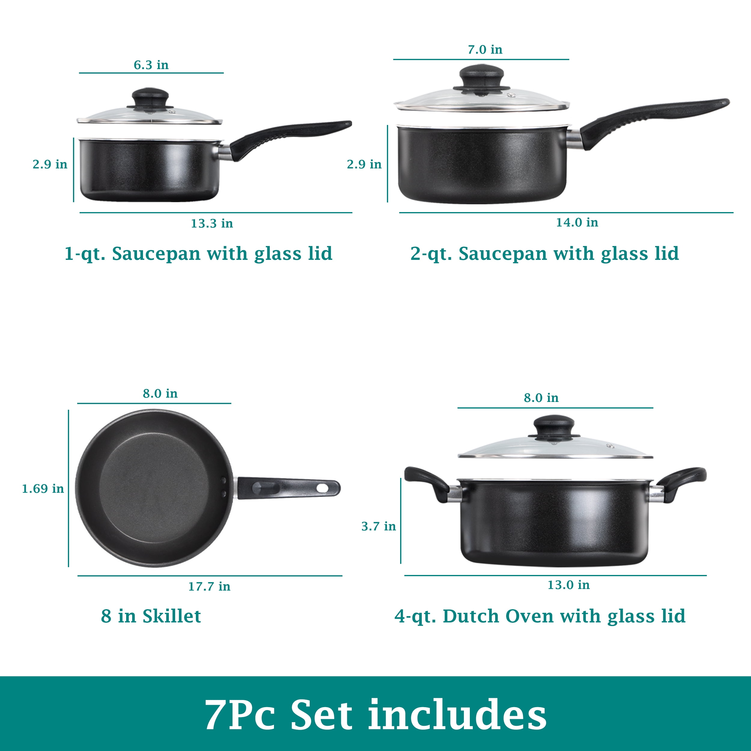 Mainstays 7 Piece Non Stick Aluminium, Pots and Pans Cookware Set, Black - Image 5