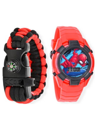 Marvel Spider Man Boy's Flashing LCD Silicone Watch With Survival Band 2 Piece Set