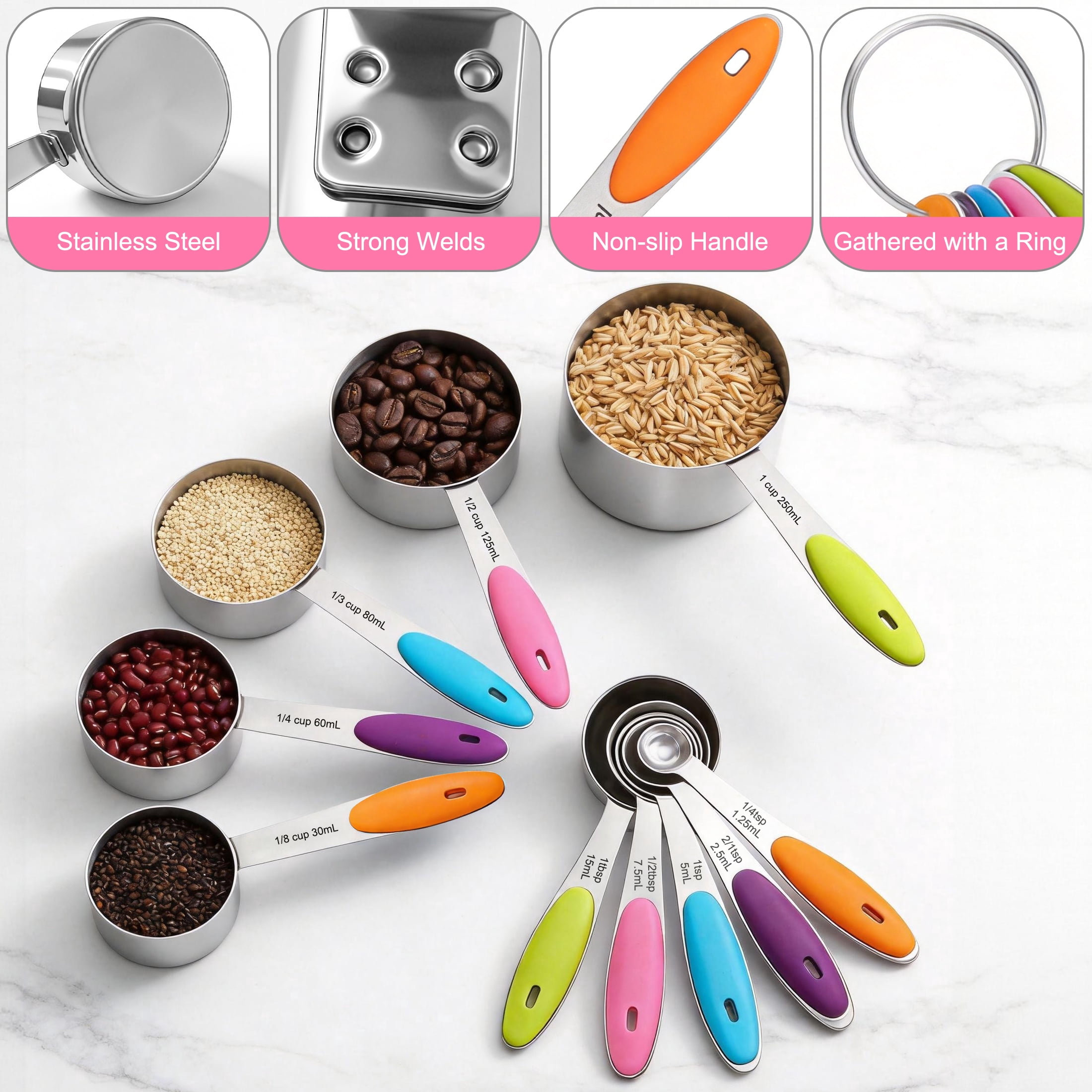 Measuring Cups and Spoons Set, 10Pcs Stainless Steel Measuring Cups Set, Nesting Measuring Cups with Easy to Read, Kitchen Utensils for Cooking and Baking - Image 5