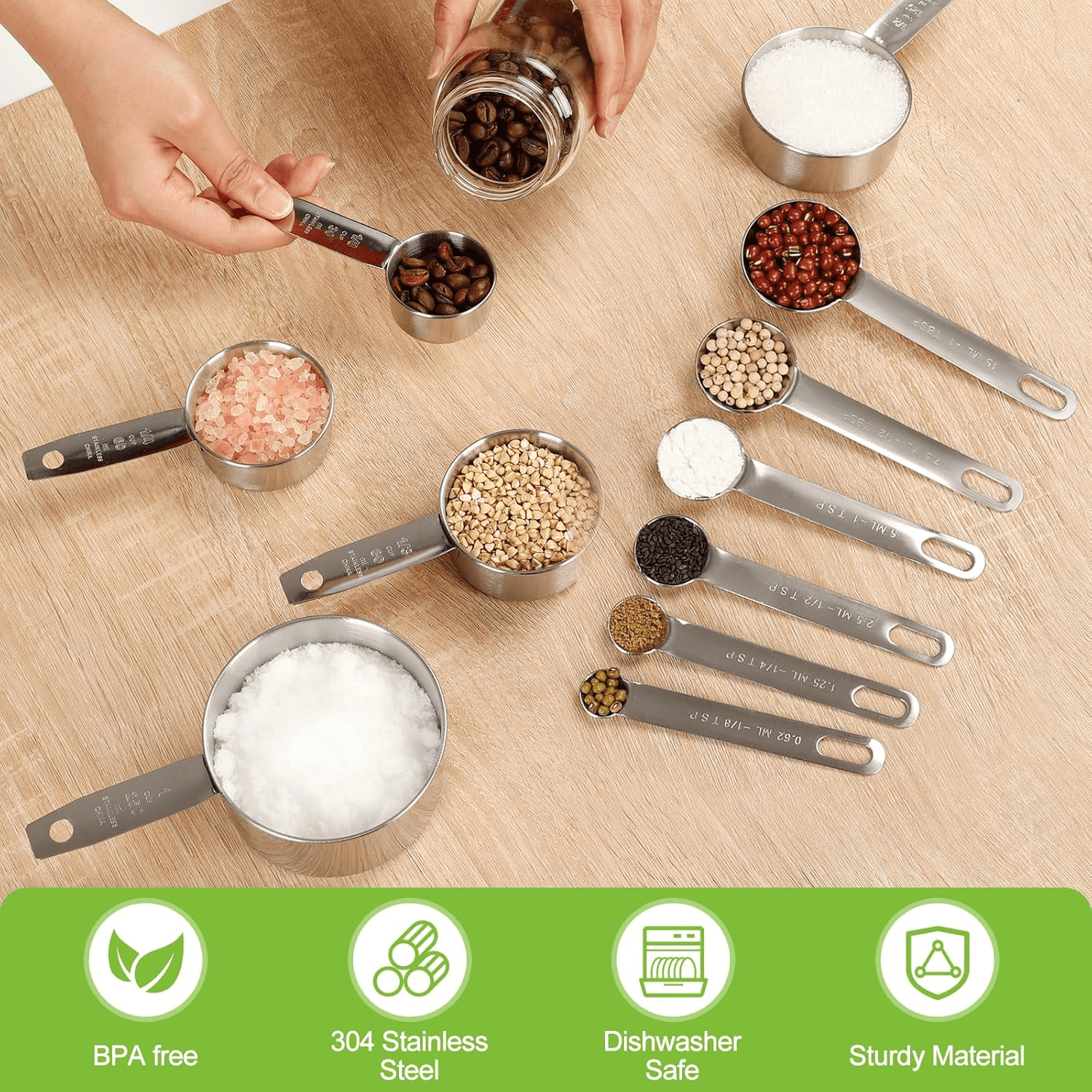 Measuring Cups and Spoons Set of 16, 5 Stainless Steel Nesting Measuring Cups & 5 Spoons, 1 + Leveler & 5 Mini Measuring Spoons for Cooking & Baking - Image 5