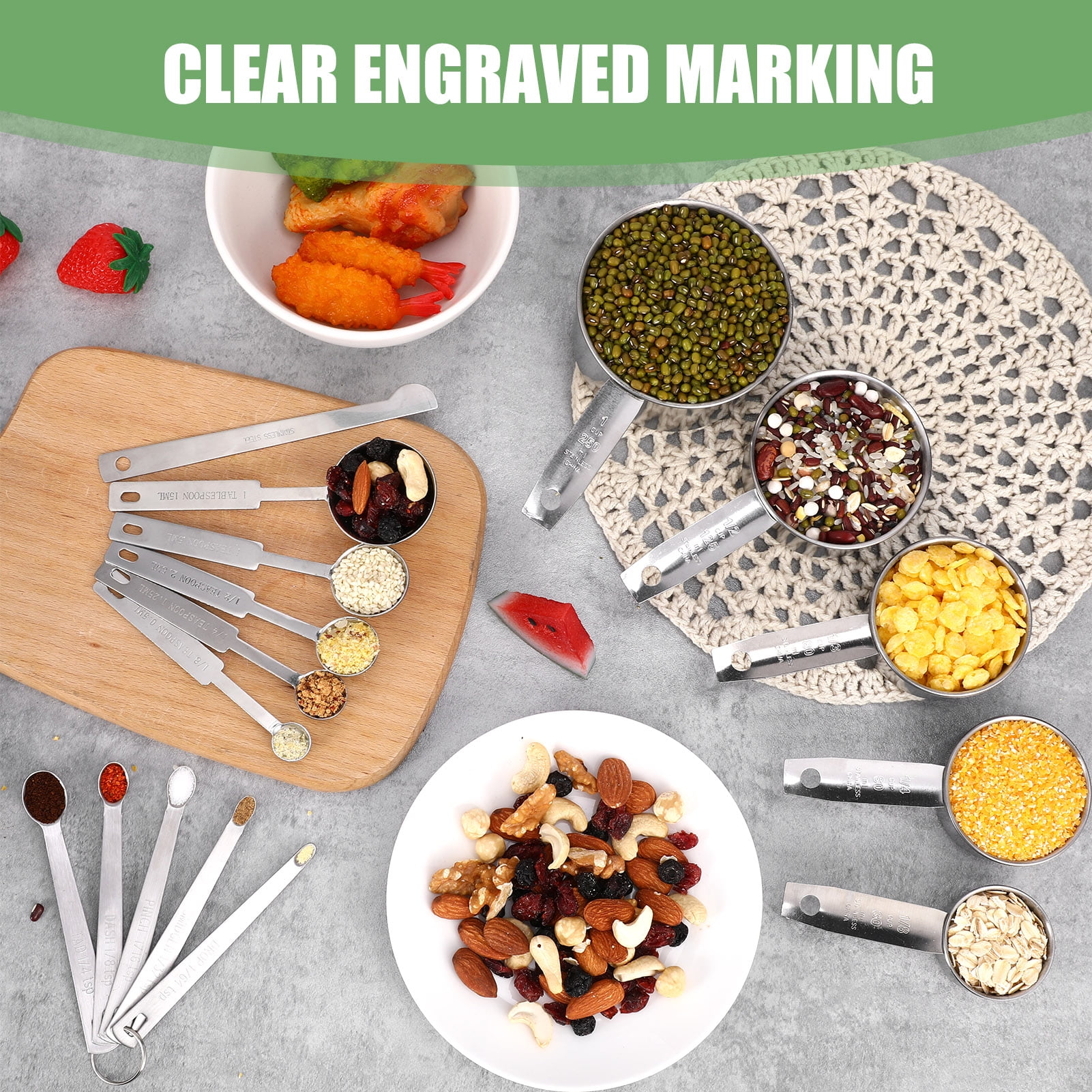 Measuring Cups and Spoons Set of 16, 5 Stainless Steel Nesting Measuring Cups & 5 Spoons, 1 + Leveler & 5 Mini Measuring Spoons for Cooking & Baking - Image 4