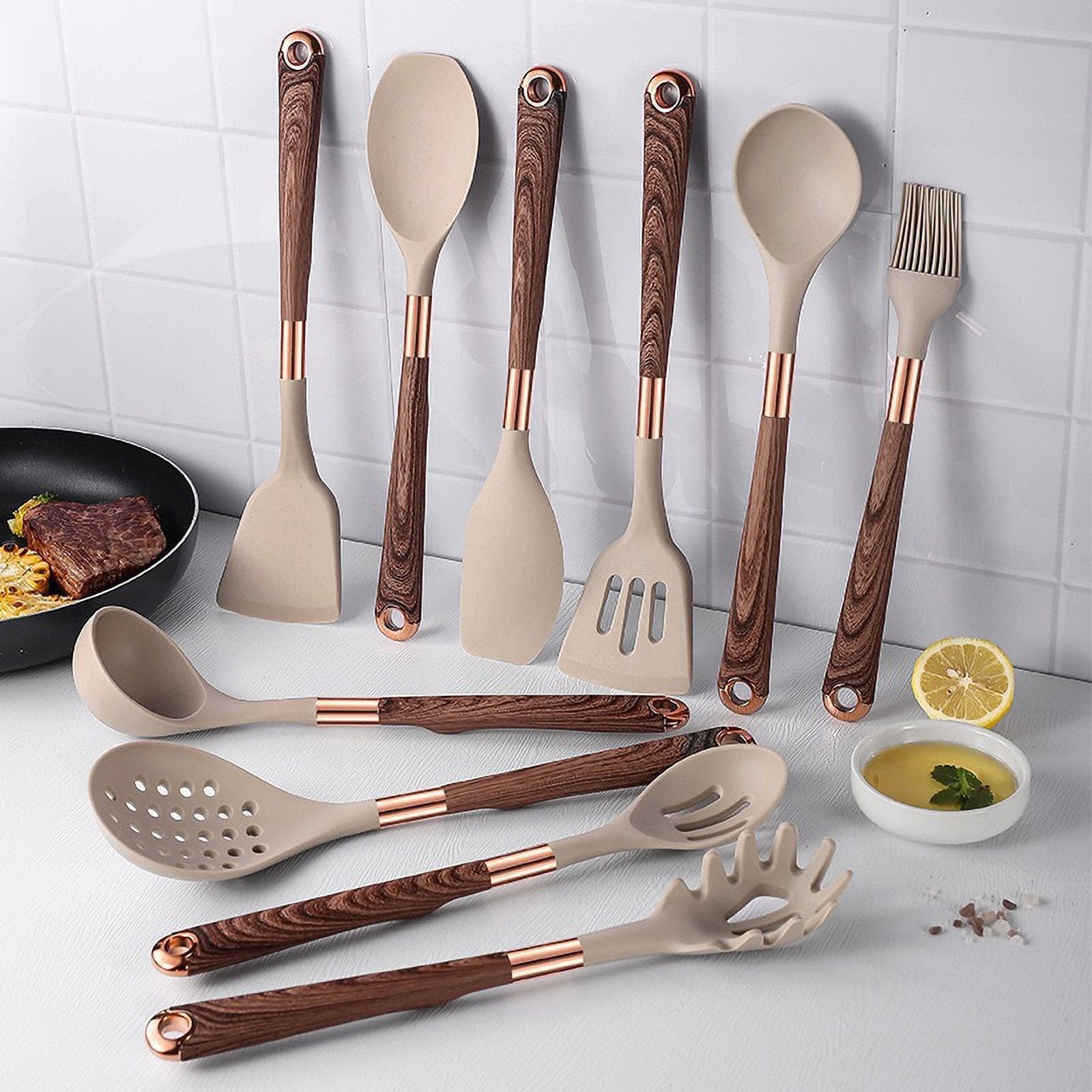 Mictong high-quality non stick silicone kitchen utensil set, easy to cook tool set, easy to clean, heat-resistant, durable, is a must-have for home chefs, brown, 10 pieces - Image 4
