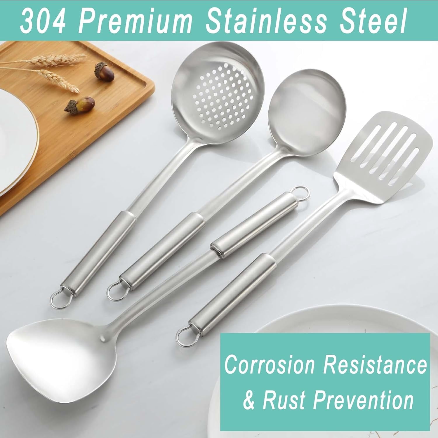 Mirdinner 4 Pcs Cooking Utensils Set, 304 Stainless Steel Kitchen Utensils, Include Wok Ladle, Slotted Spoon, Wok Spatula and Slotted Spatula, Dishwasher Safe - Image 4