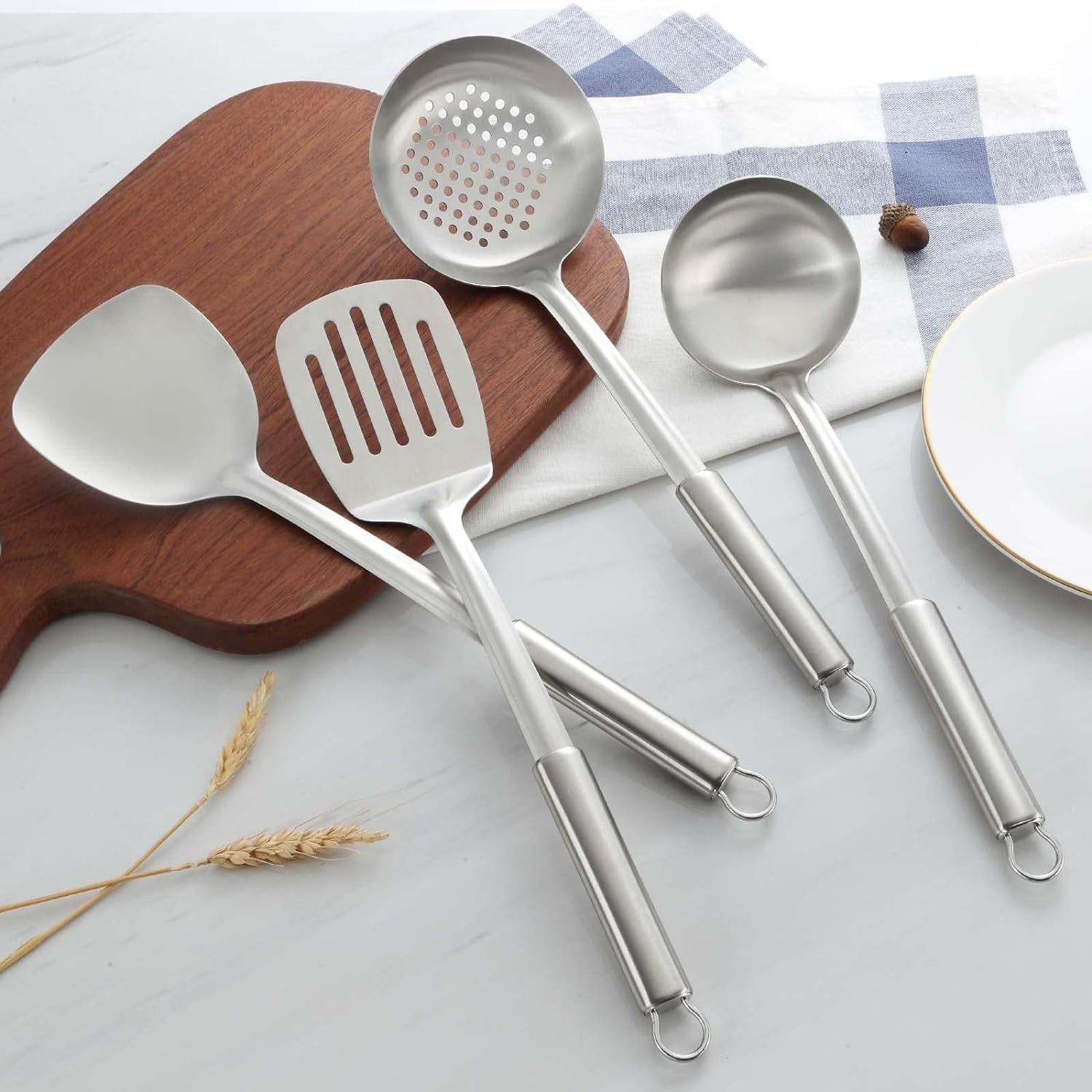 Mirdinner 4 Pcs Cooking Utensils Set, 304 Stainless Steel Kitchen Utensils, Include Wok Ladle, Slotted Spoon, Wok Spatula and Slotted Spatula, Dishwasher Safe - Image 5