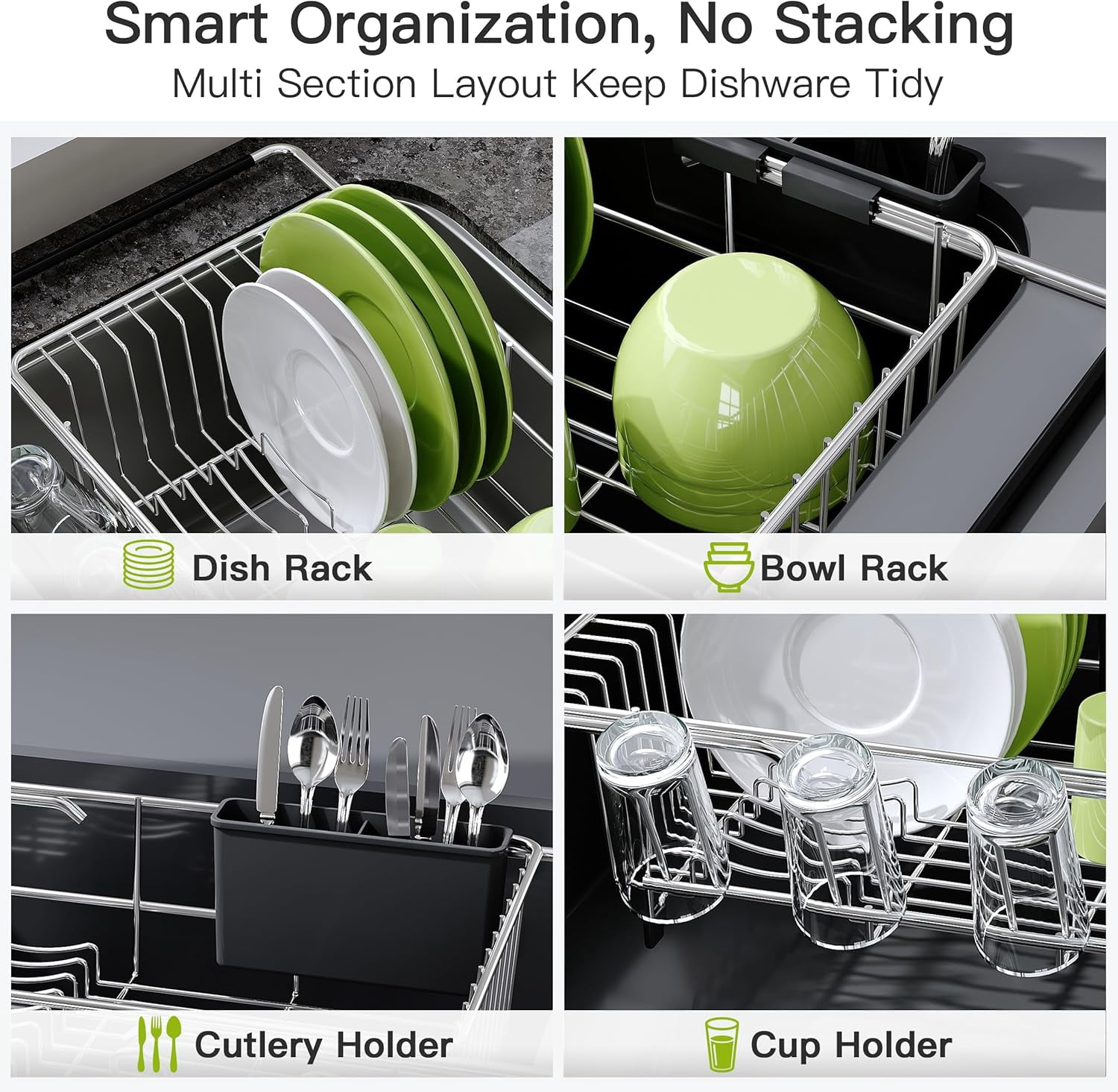 MMIZTFC Dish Drying Rack in Sink, Expandable Stainless Steel Dish Drainers for Kitchen Counter, Dish Dryer Rack for Inside Sink, Over The Sink Dish Racks with Utensil Holder, Silver - Image 5