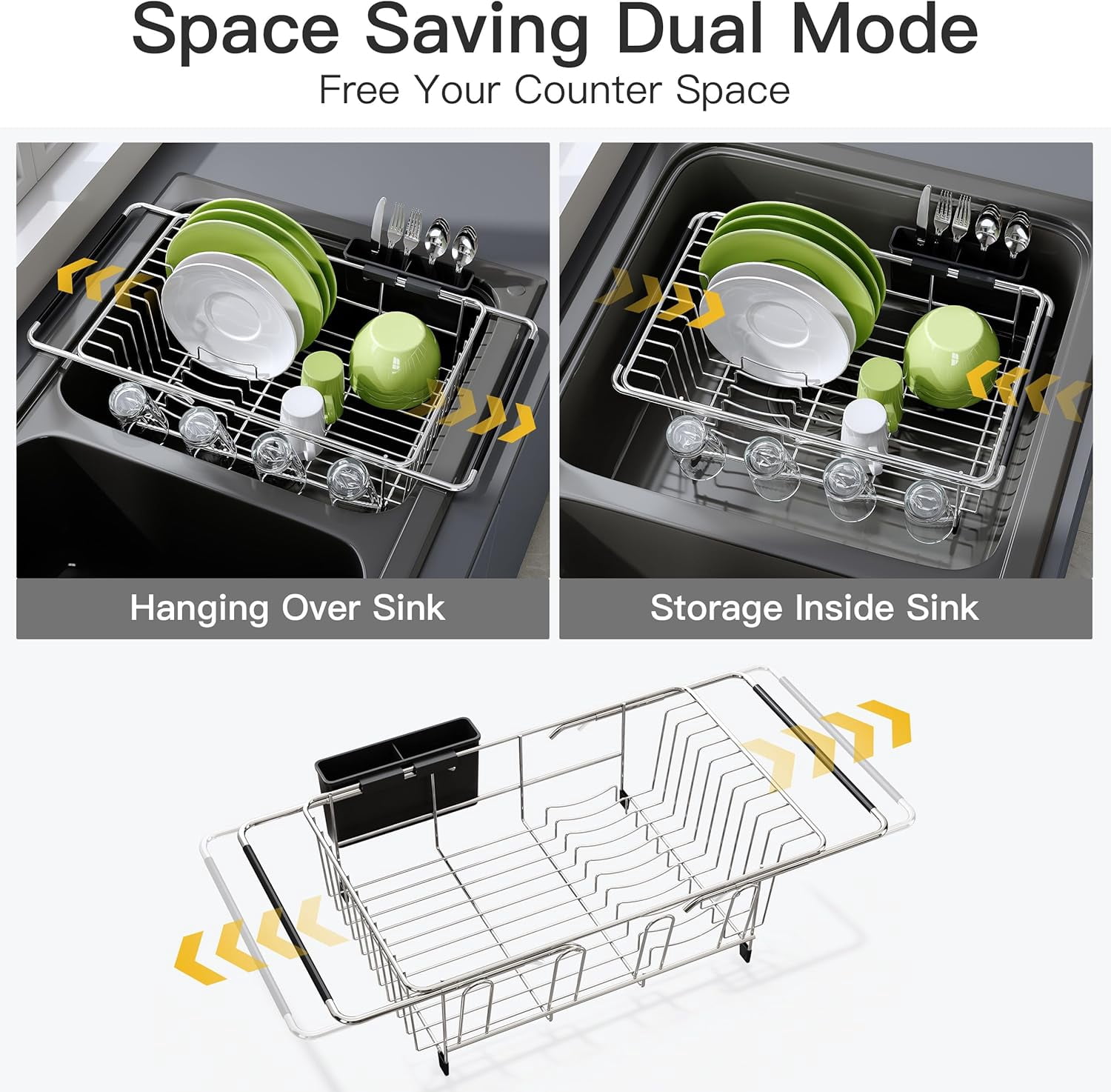 MMIZTFC Dish Drying Rack in Sink, Expandable Stainless Steel Dish Drainers for Kitchen Counter, Dish Dryer Rack for Inside Sink, Over The Sink Dish Racks with Utensil Holder, Silver - Image 2