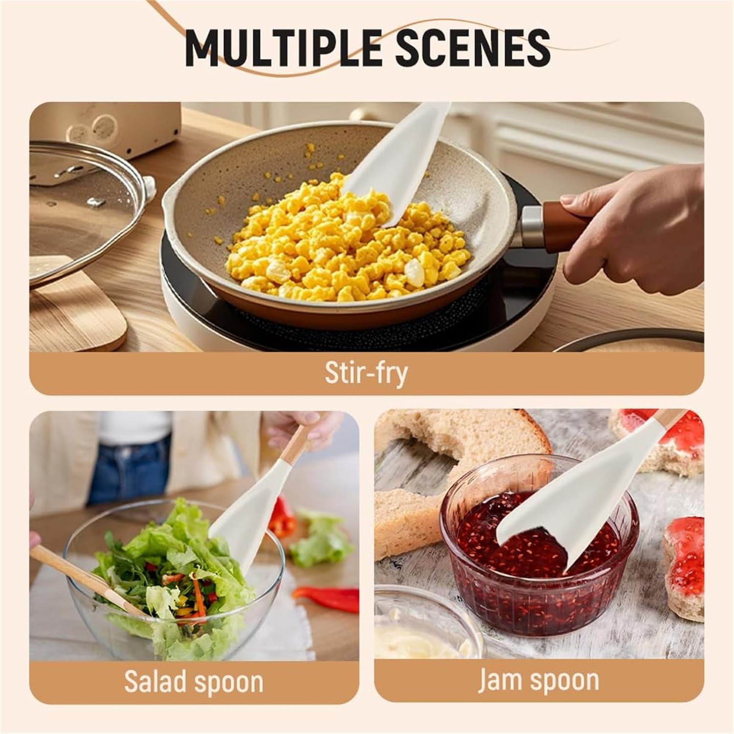 Multifunction Spatula Cooking Spoon, Multi Function Spatula Spoon, Silicone Cooking for Kitchen, 2 in 1 Multi Function Spoon, For Cook and Serving (Khaki, S) - Image 3