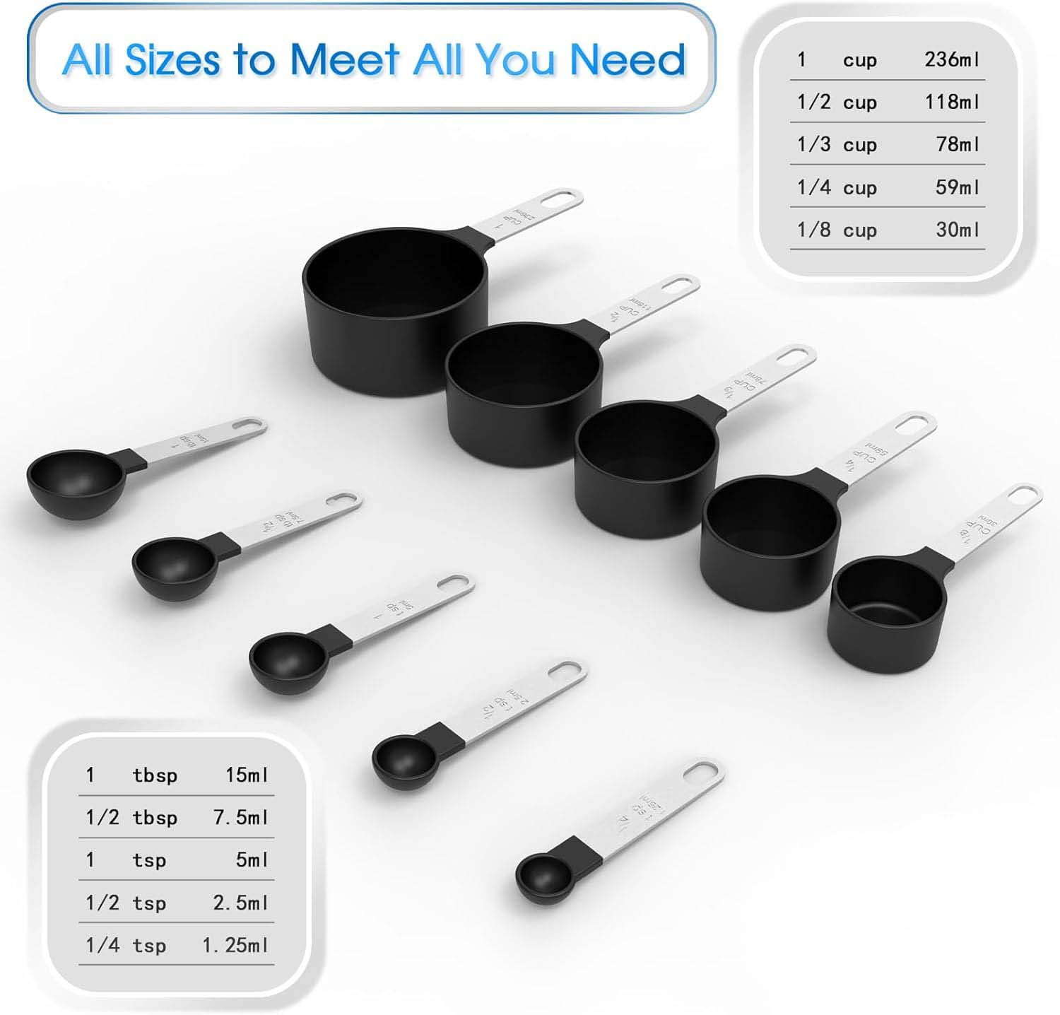 Multiple Sizes Stainless Steel and Food Safe Plastic Stackable Dishwasher Safe Measuring Cups With 5 Measuring Spoons - Image 3
