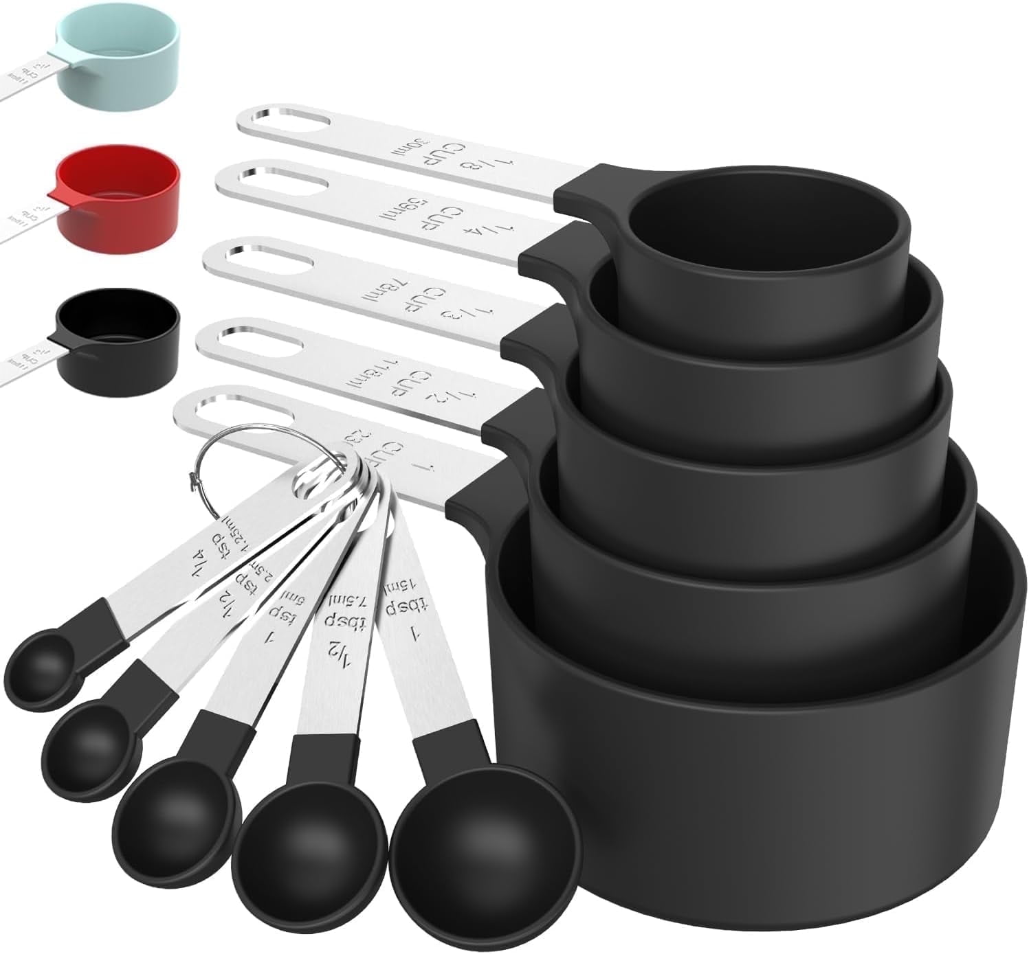 Multiple Sizes Stainless Steel and Food Safe Plastic Stackable Dishwasher Safe Measuring Cups With 5 Measuring Spoons