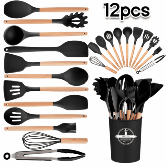 NEPIVEL Silicone Cooking Utensils Set, 12Pcs 446°F Heat Resistant Kitchen Utensils, Silicone Kitchen Utensils for Cooking Wooden Handles, Kitchen Gadgets for Nonstick Cookware BPA Free, Black