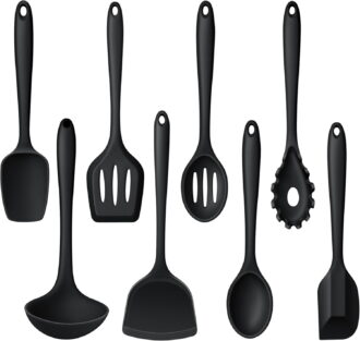Non- Cooking Utensils Set of 8, Black Kitchen Utensils Set for Non-Stick Cookware, Kitchen Tools with Spatula & Spoon, Stainless Steel Core, & Heat Resistant