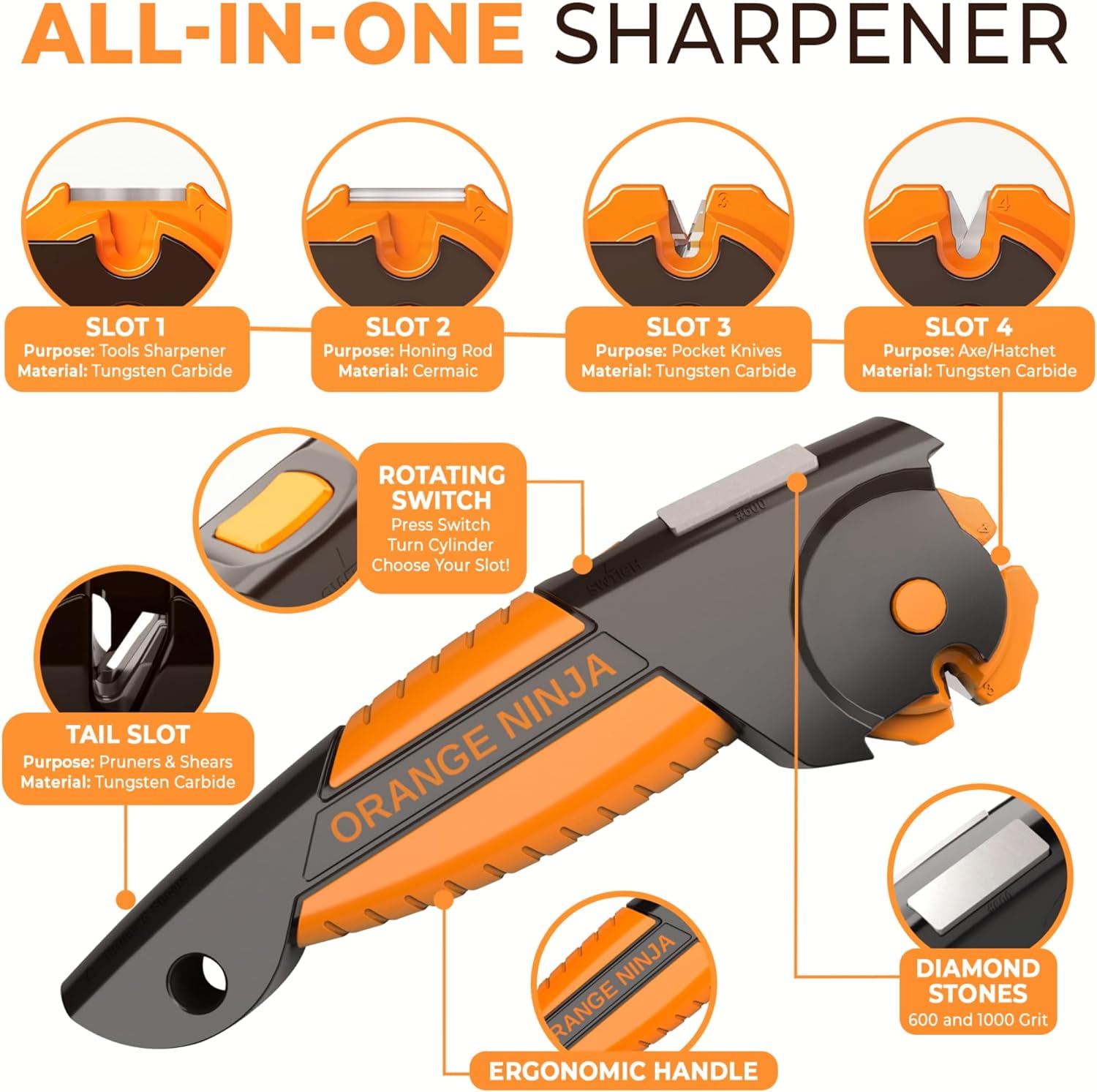 Orange Ninja Garden Tool & Knife Sharpener for Lawn Mower Blade, Scissors, Axe, Hatchet by Sharp Pebble - Image 2