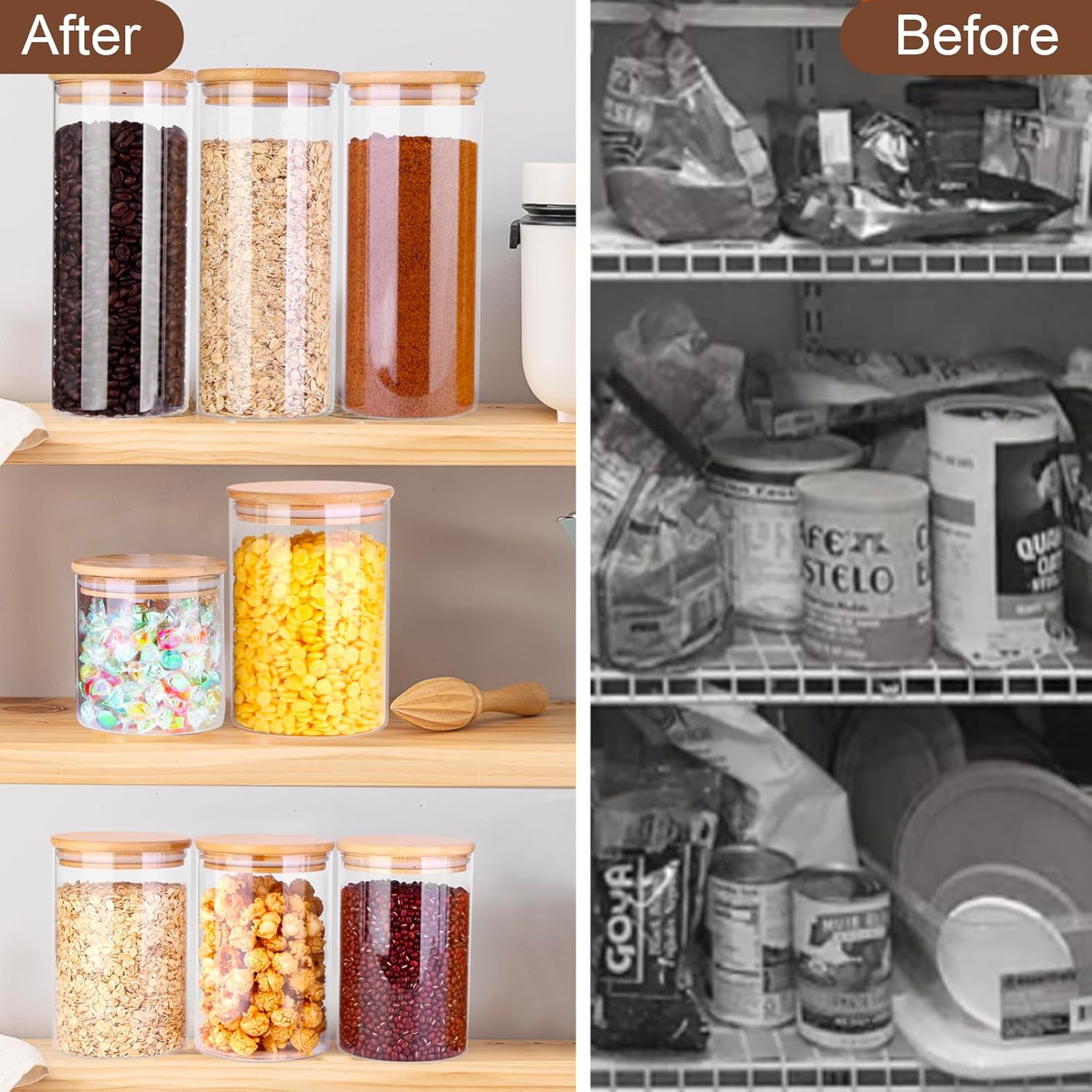 Panzexin Glass Food Storage Jars, Food Containers with Airtight Bamboo Lids for Pasta, Cookies, Nuts, Coffee Beans, Cereal, Glass Canisters for Kitchen, Pantry Organization,Set of 4 - Image 3