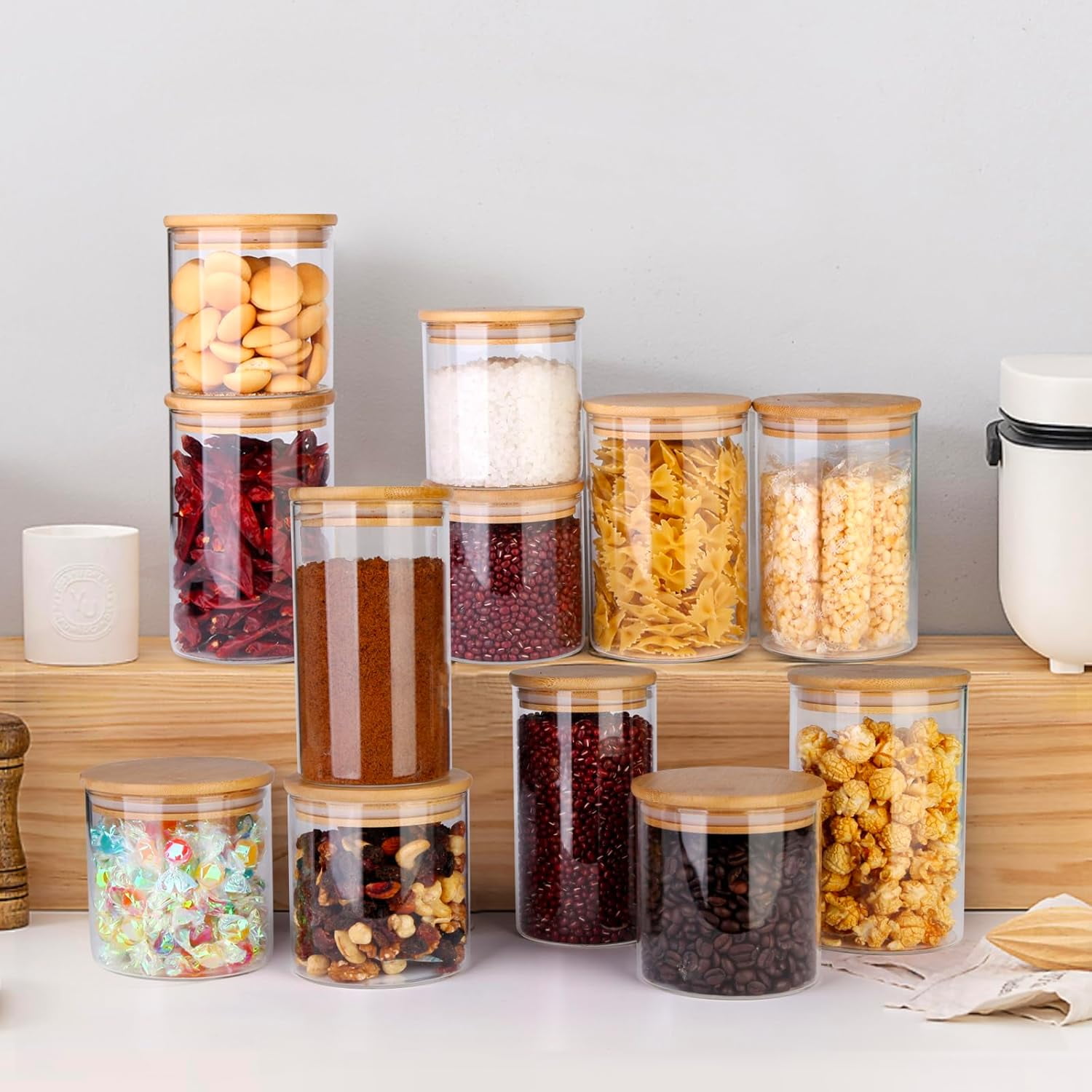 Panzexin Glass Food Storage Jars, Food Containers with Airtight Bamboo Lids for Pasta, Cookies, Nuts, Coffee Beans, Cereal, Glass Canisters for Kitchen, Pantry Organization,Set of 4 - Image 2