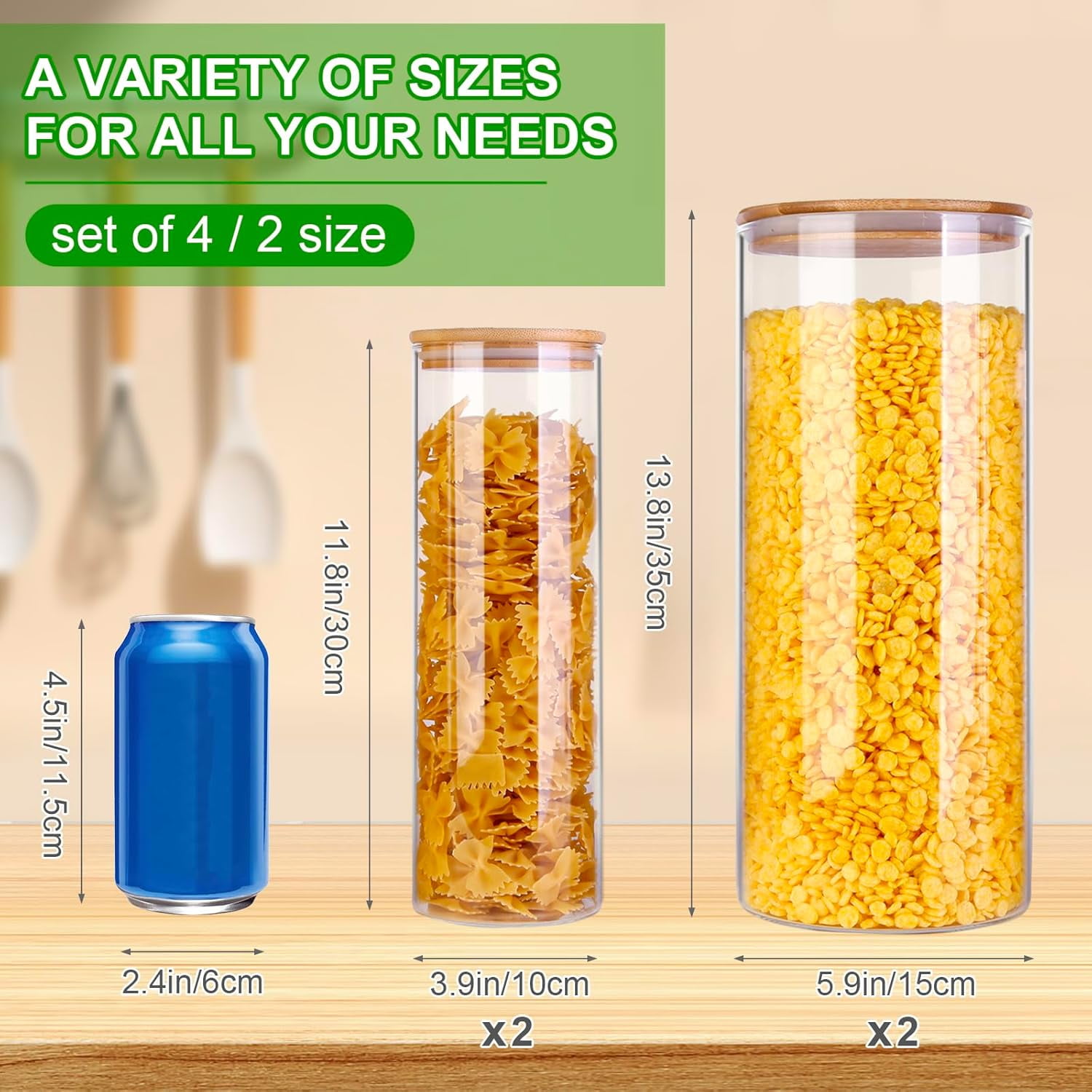 Panzexin Glass Food Storage Jars, Food Containers with Airtight Bamboo Lids for Pasta, Cookies, Nuts, Coffee Beans, Cereal, Glass Canisters for Kitchen, Pantry Organization,Set of 4 - Image 4