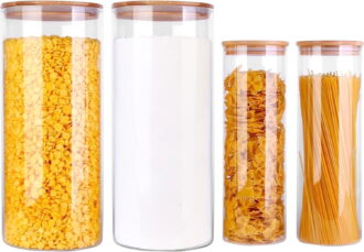 Panzexin Glass Food Storage Jars, Food Containers with Airtight Bamboo Lids for Pasta, Cookies, Nuts, Coffee Beans, Cereal, Glass Canisters for Kitchen, Pantry Organization,Set of 4