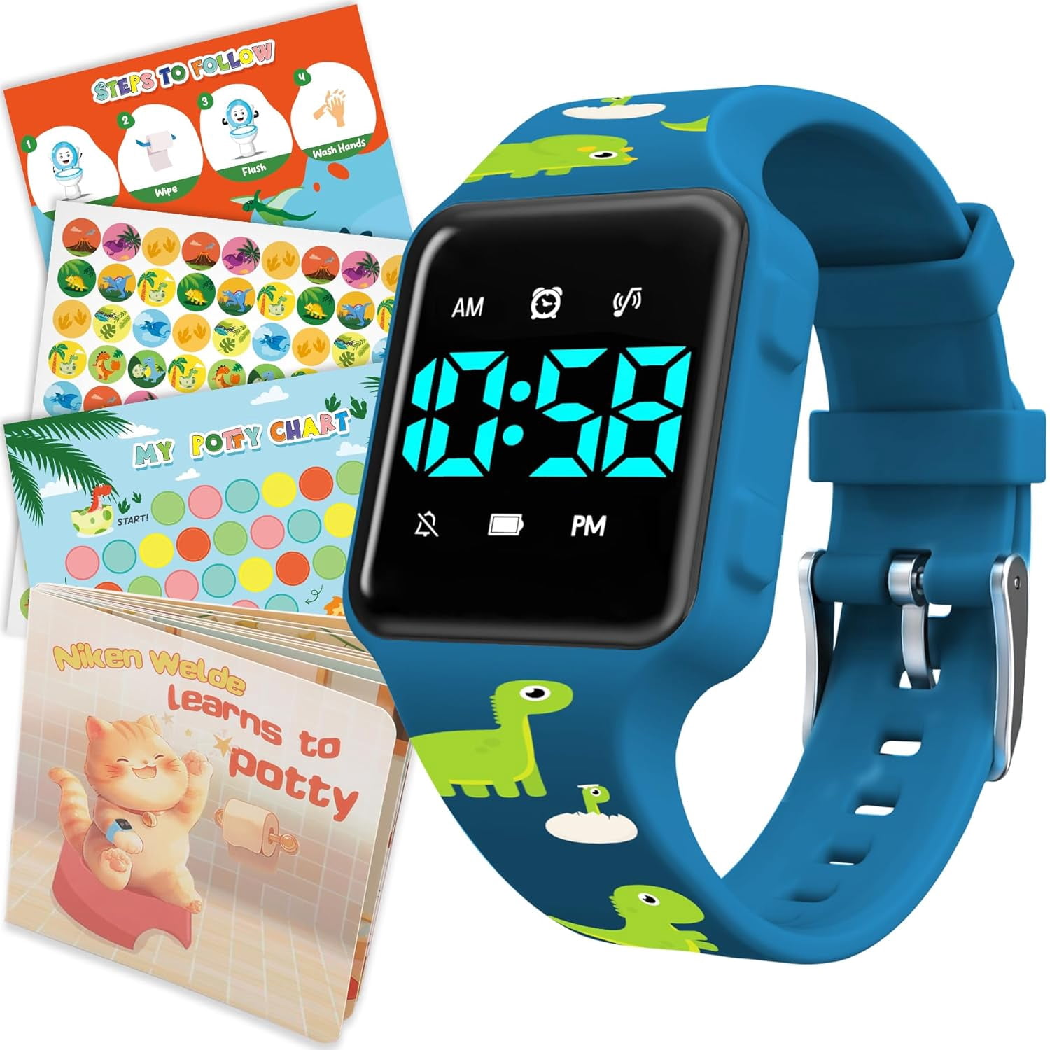 Potty Training Watch with Fun Board Book, Progress Chart & Reward Stickers,Potty Watches for Age2-5 with Fun Musical Reminder,Toilet Training Kit Gifts for Age2-5