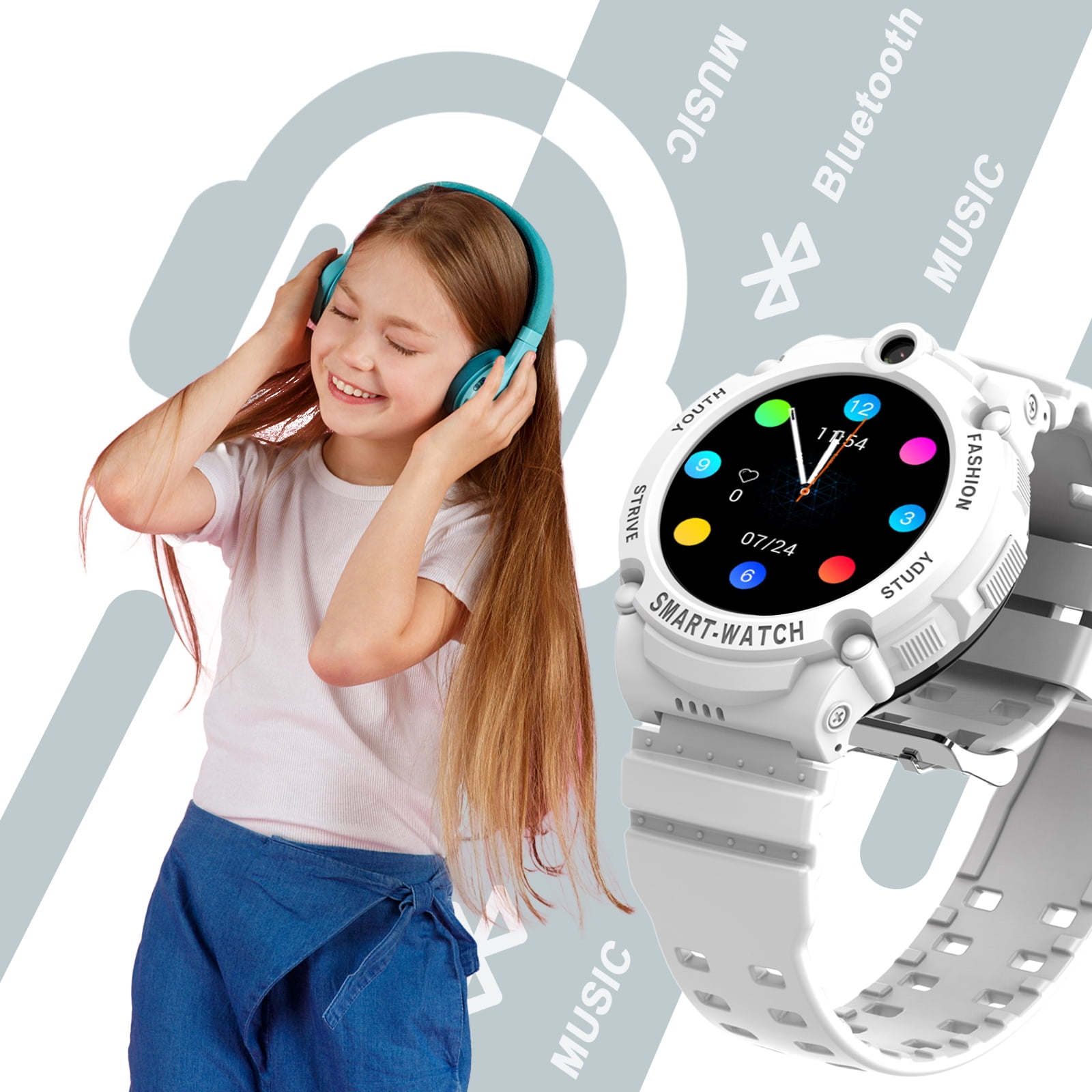 PTHTECHUS S02 Smart Watch for Boys Girls Smartwatch for Kids with 4G SIM GPS Video Call Pedometer MP3 Flashlights Calculator Alarm Clock Children Holiday Gift White - Image 2