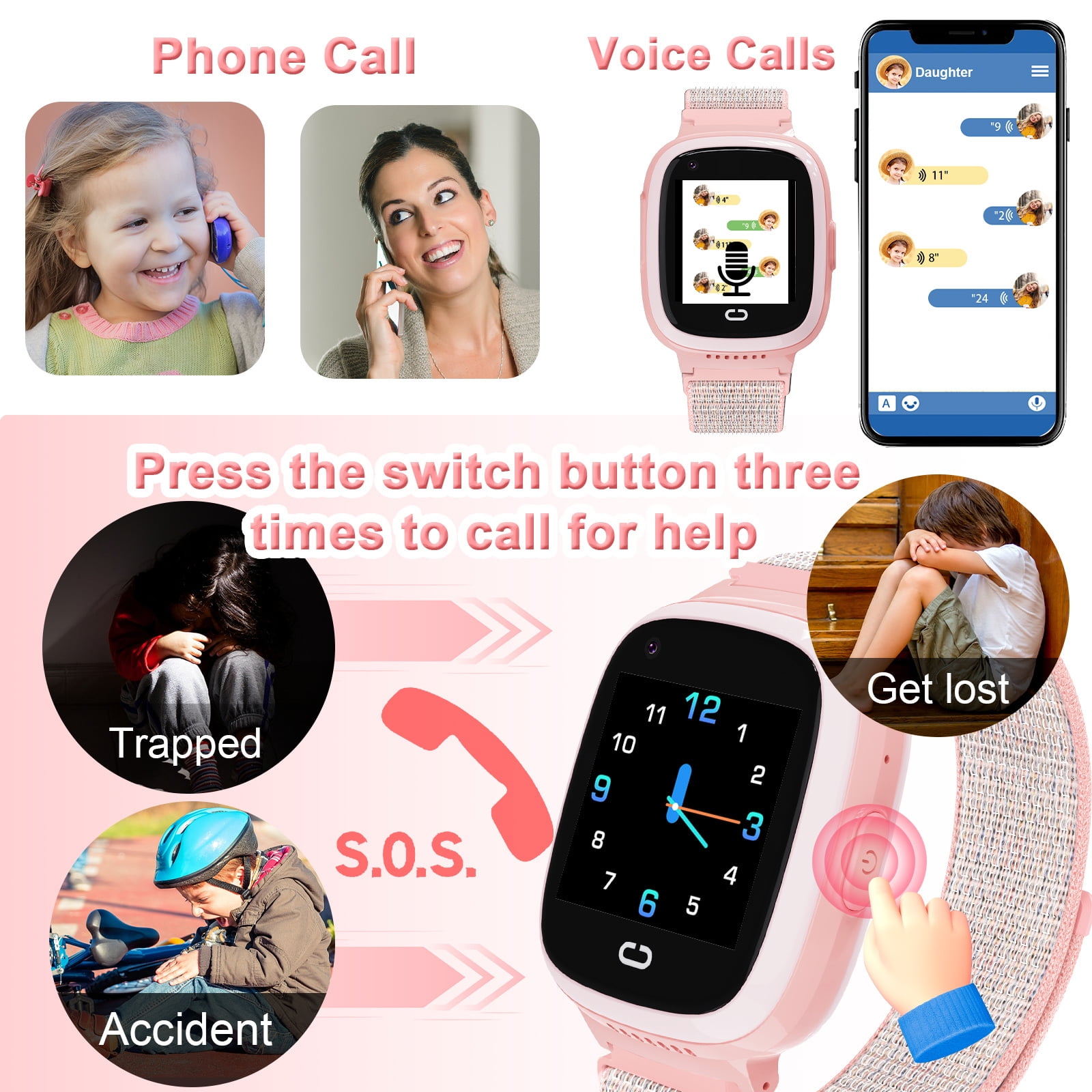 PTHTECHUS Smartwatch for Kids with GPS 4G HD Touchscreen Watch with Phone GPS Tracker Real-Time Location SOS Video Call Voice Chat Camera for Boys Girls Gift Pink - Image 3