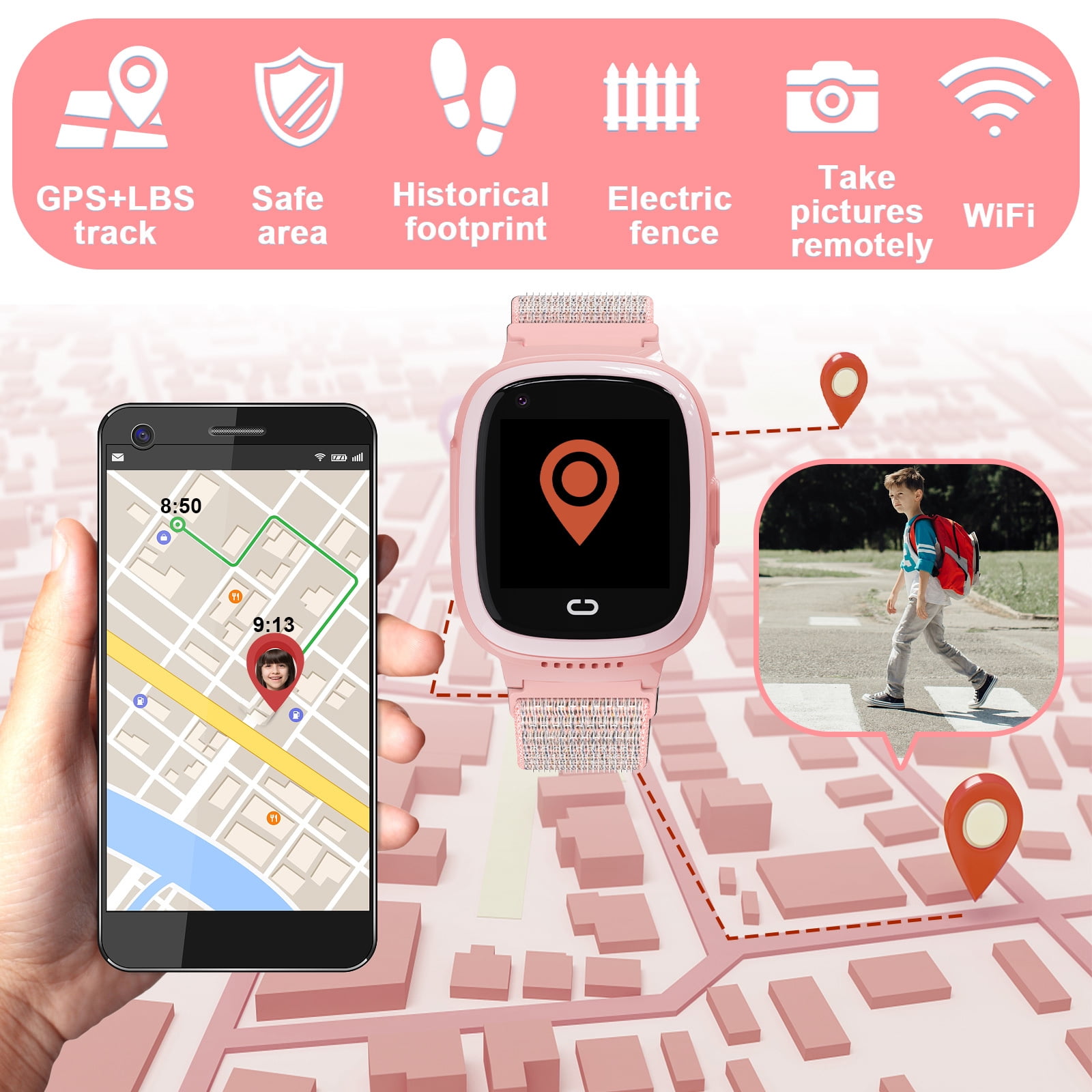 PTHTECHUS Smartwatch for Kids with GPS 4G HD Touchscreen Watch with Phone GPS Tracker Real-Time Location SOS Video Call Voice Chat Camera for Boys Girls Gift Pink - Image 2