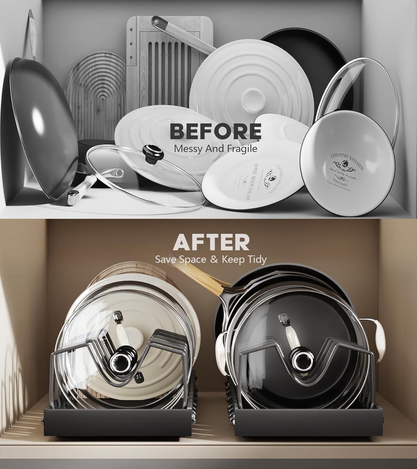 Pull-out Pots and Pans Organizer 1 Pack - Under Cabinet Pot Lid Holder for Kitchen - Bakeware & Dishes Storage Rack with Slide Rails, Black - Image 4