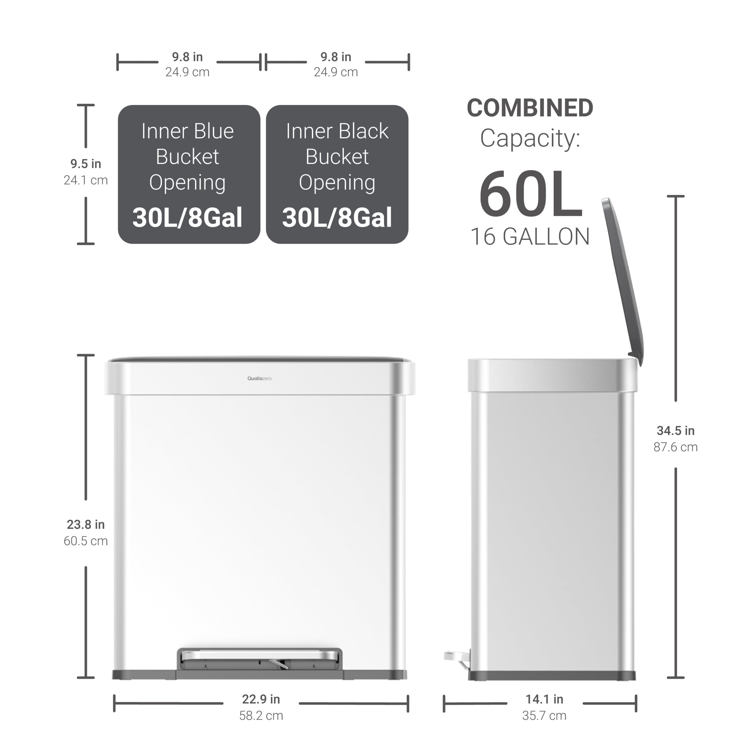 Qualiazero Kitchen Trash Can, 16 Gallon Stainless Steel Step Dual Compartment Reclcying Garbage Bin with Soft Close Lid, Silver - Image 5