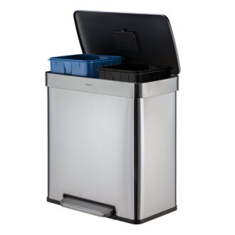 Qualiazero Kitchen Trash Can, 16 Gallon Stainless Steel Step Dual Compartment Reclcying Garbage Bin with Soft Close Lid, Silver