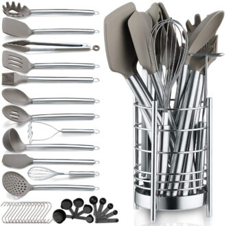 ReaNea Silver 38 Pieces Silicone Kitchen Utensils Set With Sturdy Stainless Steel Utensil Holder
