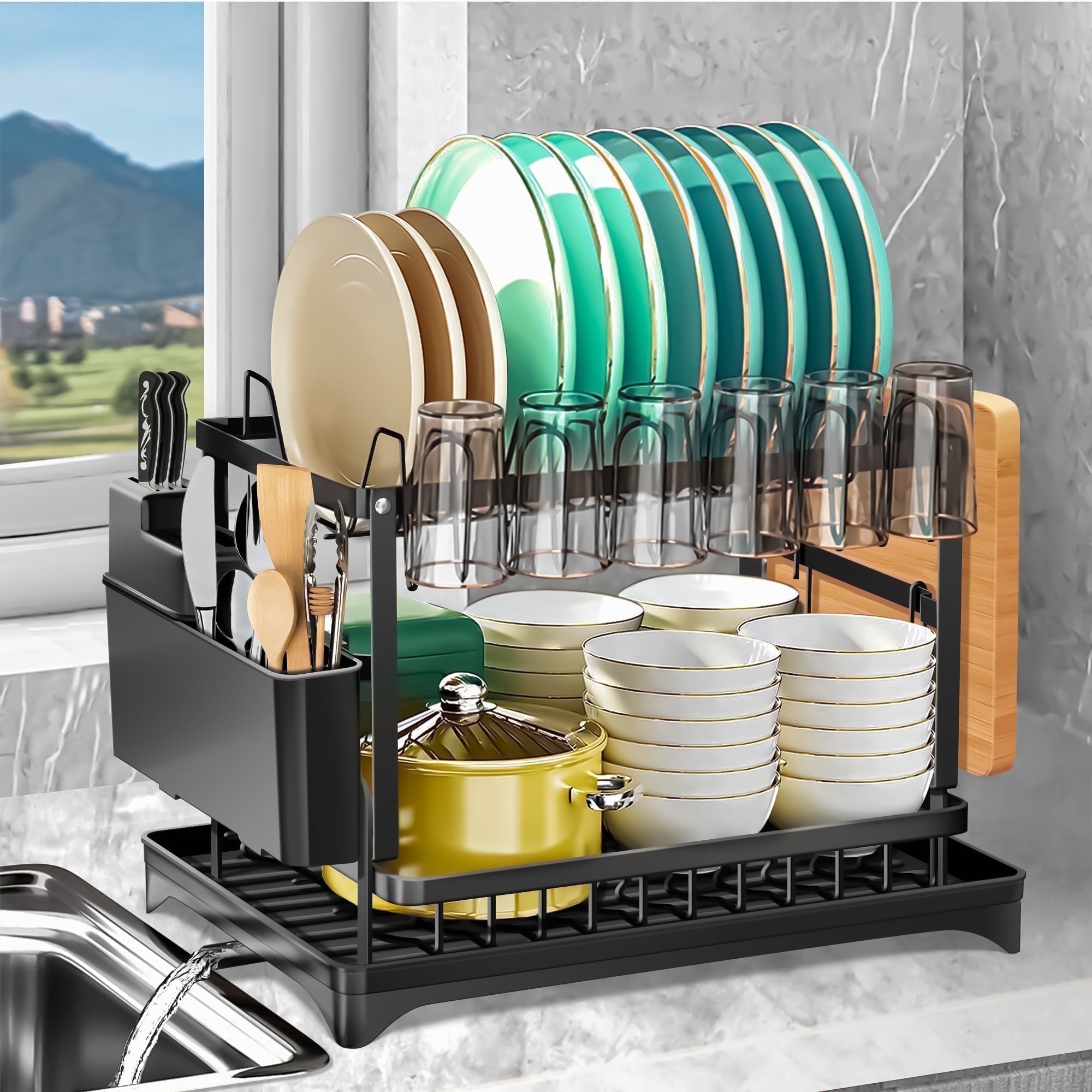 Riousery 2-Tier Stainless Steel Dish Rack with Auto Drainage System, Kitchen Dish Drainer, Utensil Holder, Cutting Board Holder, Black