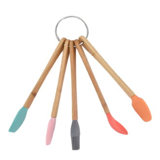 Riousery 5Pcs Silicone Baking Utensil Set with Bamboo Handles Brush Spatula Cutter Spoon Scraper Kitchen Cooking Tools Nontoxic Waterproof (9.45 inches / 24 cm)