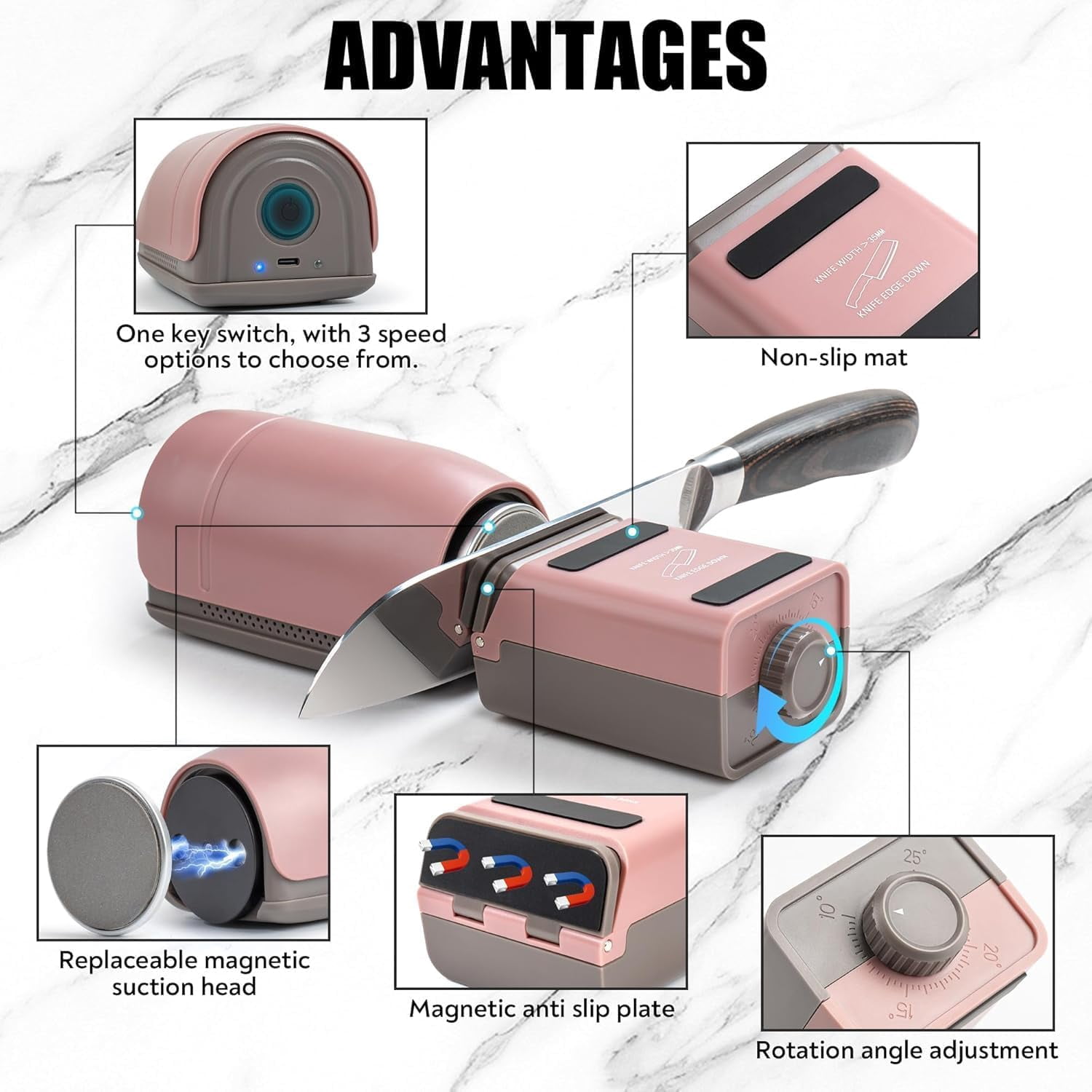 Rolling Electric Knife Sharpener with 3 Heads & 3 Speeds, Adjustable Angle Kit - Image 5