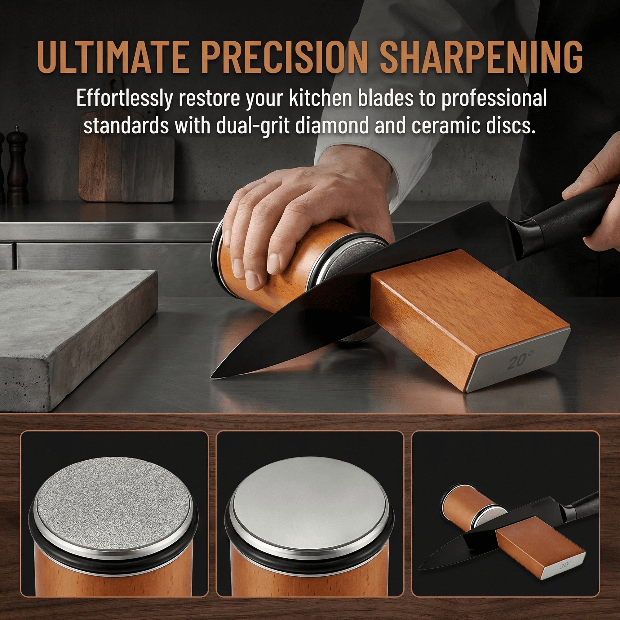 Rolling Knife Sharpener Kit, 4-Angle Tumbler Knife Sharpener with Double Diamond 400/1000 Discs for Kitchen Knives - Image 3