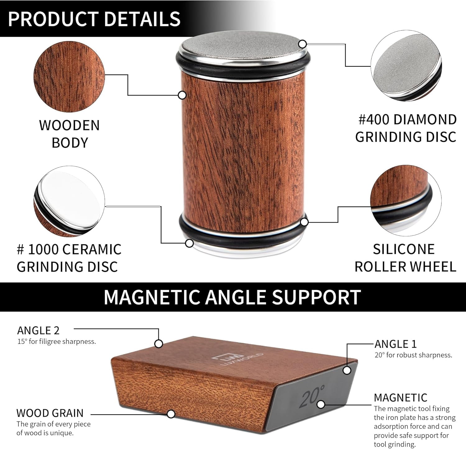 Rolling Knife Sharpener Kit | Diamond & Ceramic Disc Knife Sharpening System with Magnetic 15° & 20° Angle Guide | Manual Sharpener for Kitchen, Chef, Pocket & Japanese Knives | Gift Ready - Image 5