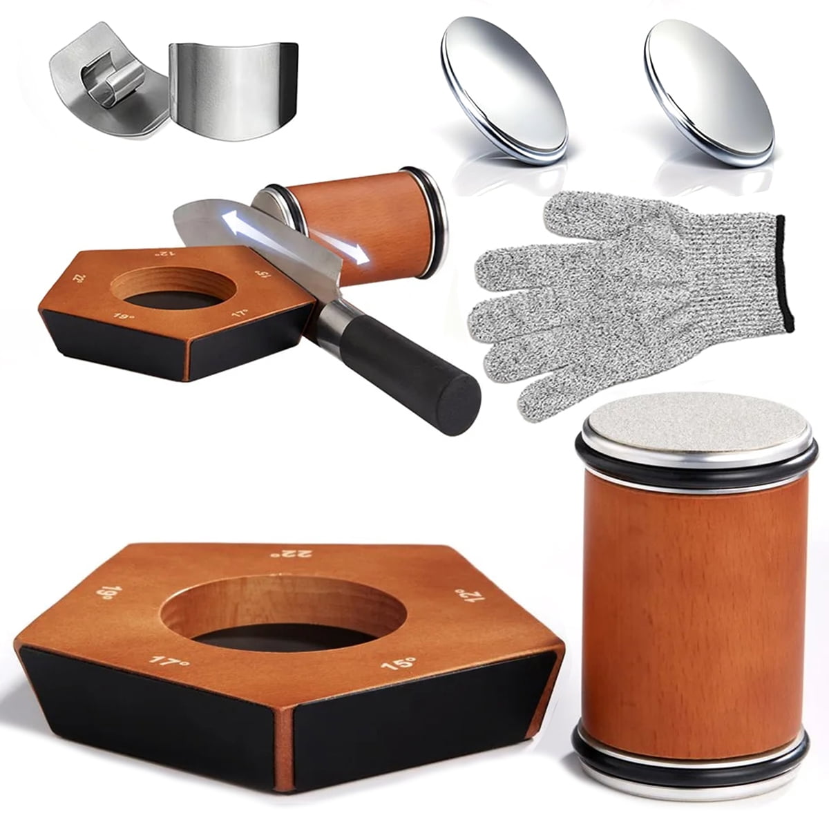 Rolling Knife Sharpener Kit – Magnetic 5-Angle Base, Diamond Grinding Discs Wooden Base, 2 Grit 1000/400 Diamond Discs,Roller Tumbler Sharpening Stone Tool