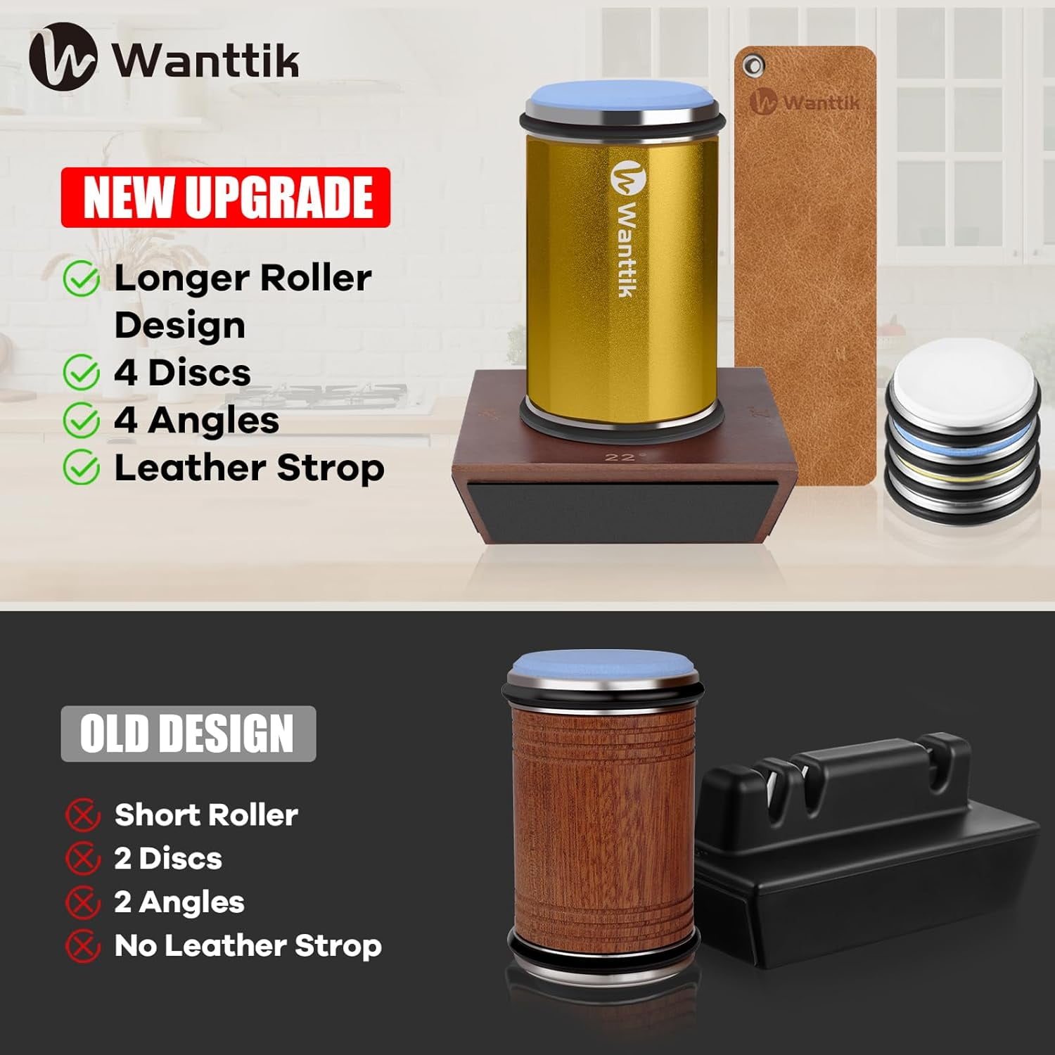 Rolling Knife Sharpener Kit, Upgraded Roller with Leather Strop for Kitchen Knives, 4-Disc Stone Sharpener 15-22 Degree Sharpening, Gold - Image 3