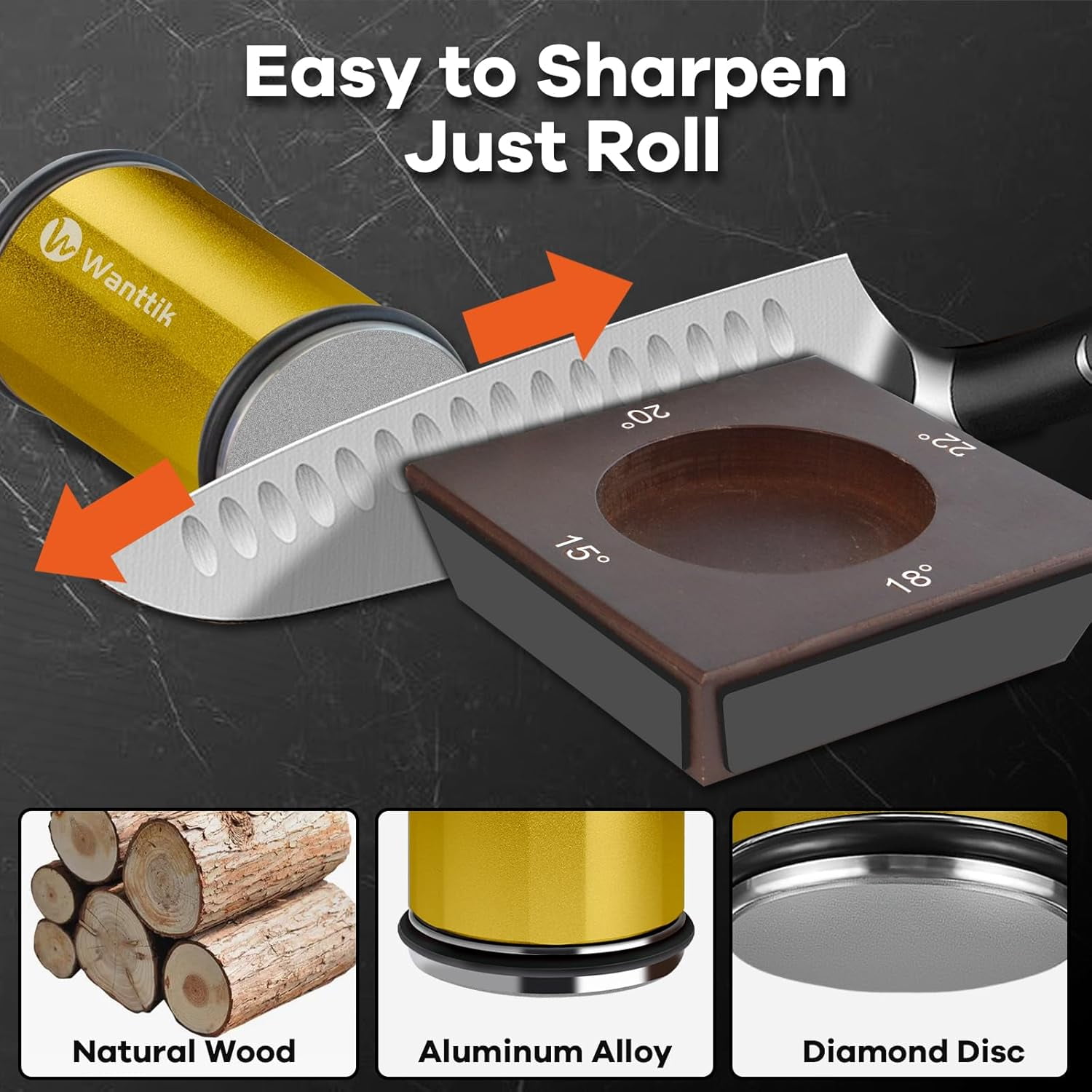 Rolling Knife Sharpener Kit, Upgraded Roller with Leather Strop for Kitchen Knives, 4-Disc Stone Sharpener 15-22 Degree Sharpening, Gold - Image 2
