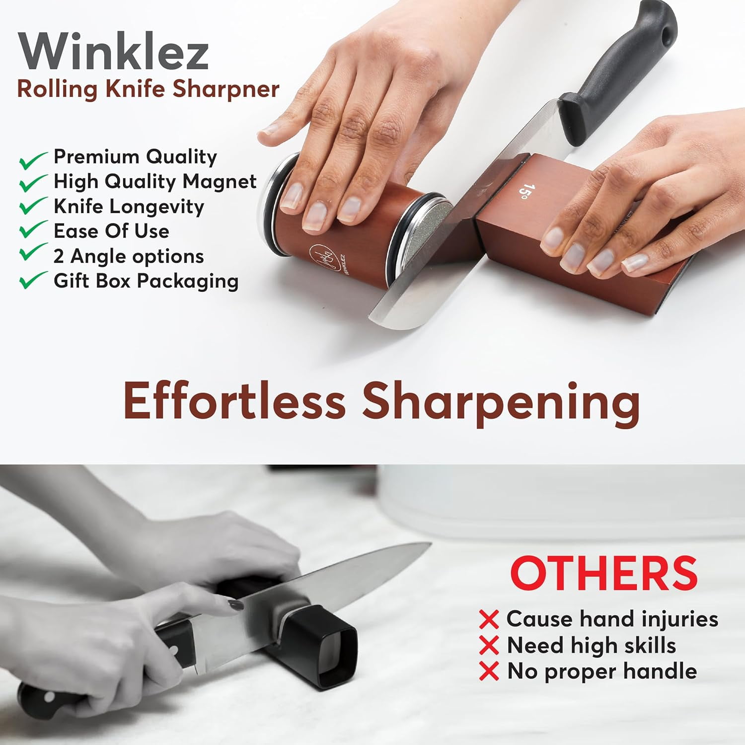 Rolling Knife Sharpener with Diamond and Ceramic Discs, Kitchen 15° & 20° Magnetic Angles, Strong Sharpening Kit (Brown) - Image 2