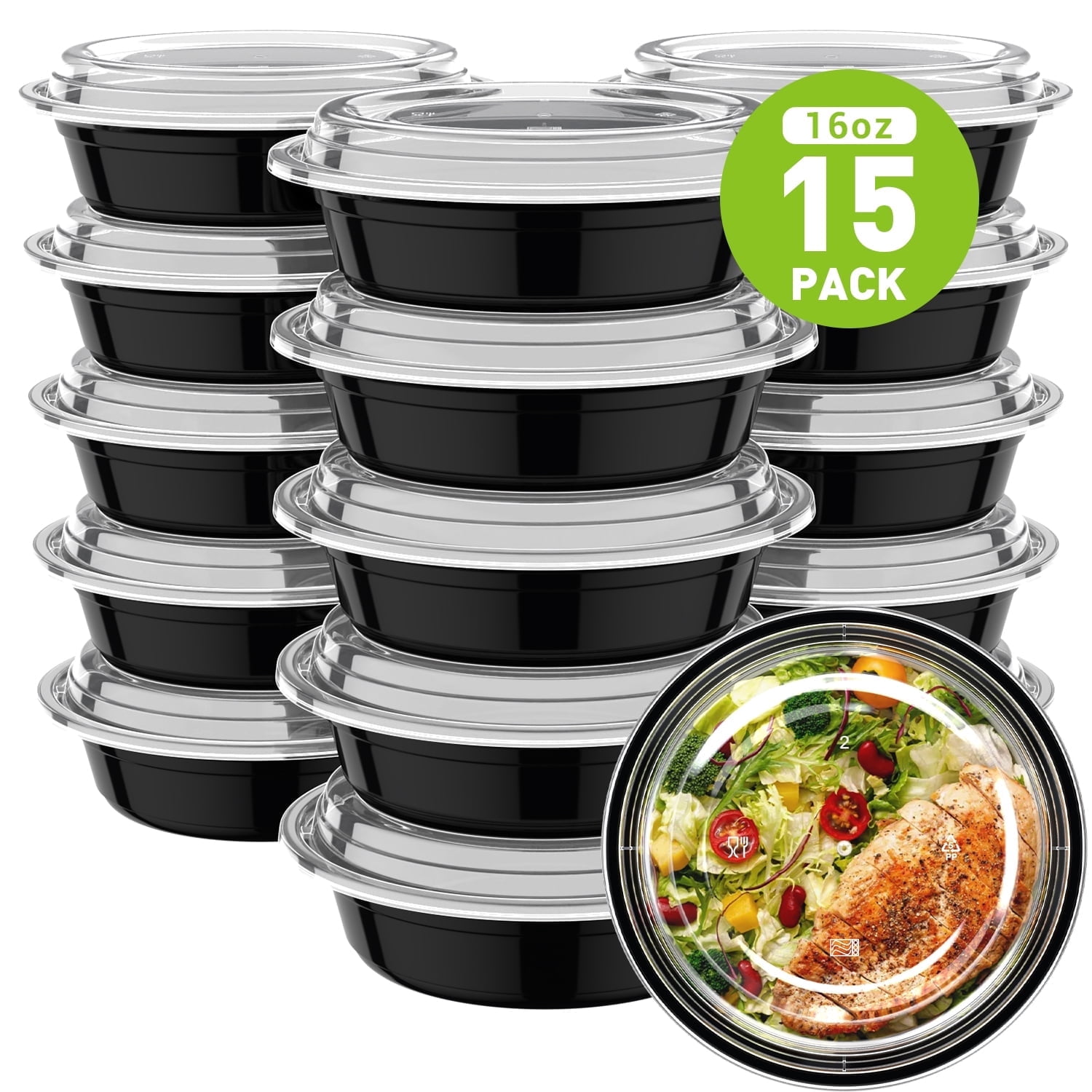 Round Meal Prep Container with Lids: TINANA 15 Pack 16 OZ To Go Containers, Plastic Food Storage Containers Set- Microwave, Freezer & Dishwasher Safe, Durable & Stackable