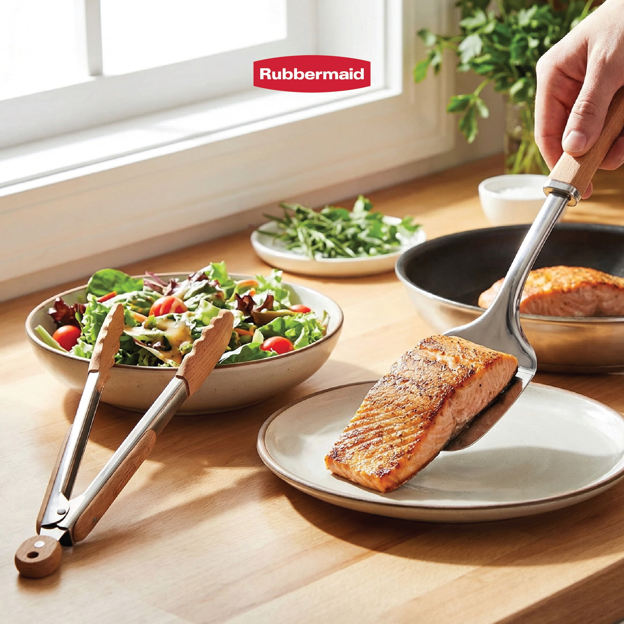 Rubbermaid 3 Pc Kitchen Utensil Set – Durable Stainless Steel Cooking Utensils with Rubberwood Handles | Solid Spoon, Turner Spatula, Tongs for Everyday Meal Prep & Organized Kitchen - Image 5