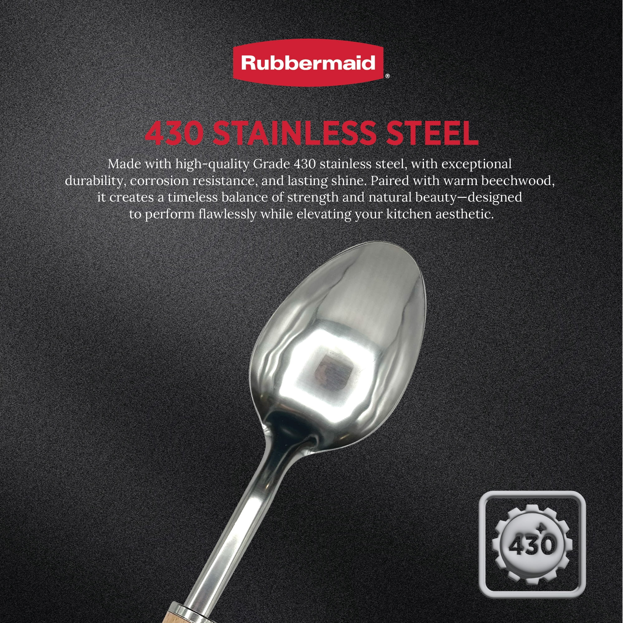 Rubbermaid 3 Pc Kitchen Utensil Set – Durable Stainless Steel Cooking Utensils with Rubberwood Handles | Solid Spoon, Turner Spatula, Tongs for Everyday Meal Prep & Organized Kitchen - Image 4