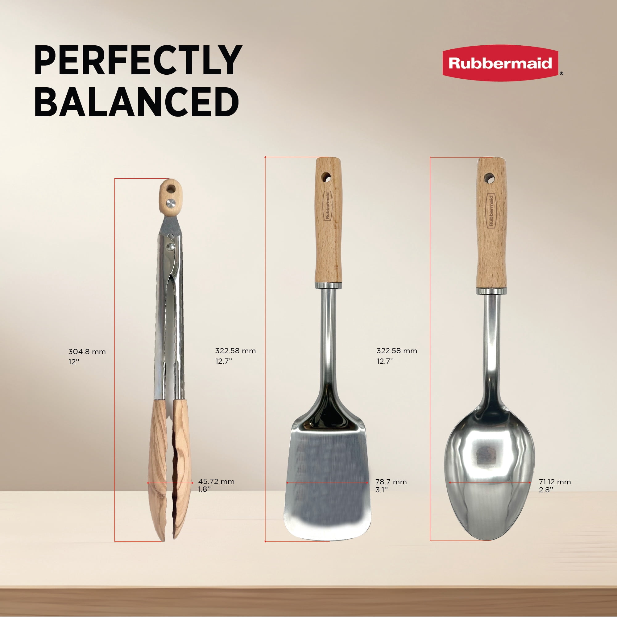 Rubbermaid 3 Pc Kitchen Utensil Set – Durable Stainless Steel Cooking Utensils with Rubberwood Handles | Solid Spoon, Turner Spatula, Tongs for Everyday Meal Prep & Organized Kitchen - Image 2