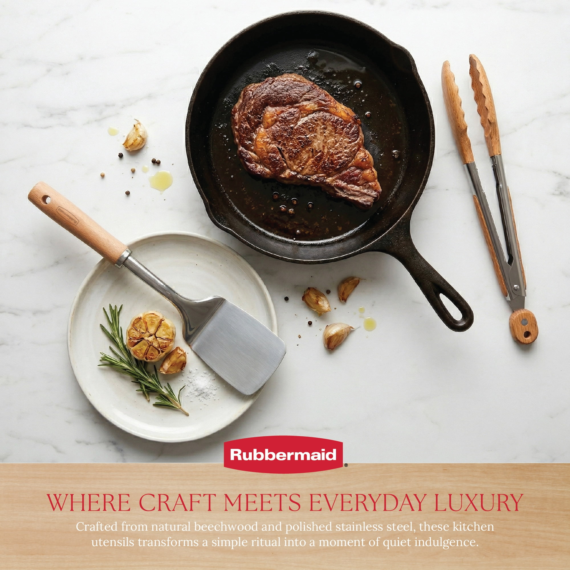 Rubbermaid 3 Pc Kitchen Utensil Set – Durable Stainless Steel Cooking Utensils with Rubberwood Handles | Solid Spoon, Turner Spatula, Tongs for Everyday Meal Prep & Organized Kitchen - Image 3