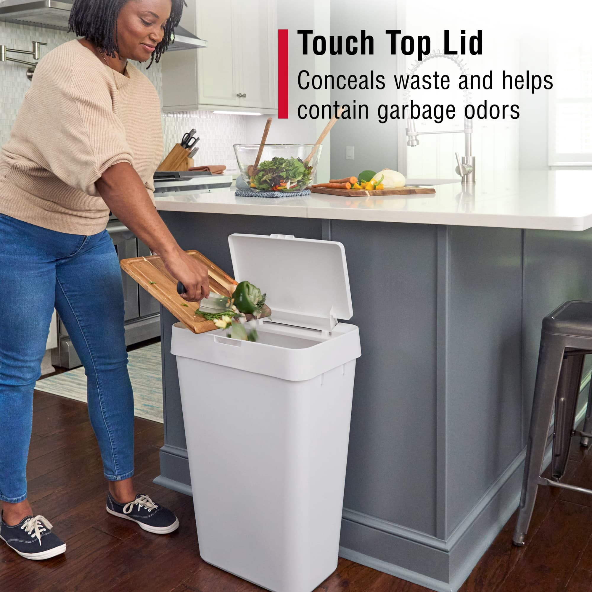 Rubbermaid Kitchen Trash Can, 12.2 Gallon Plastic Touch Top Garbage Bin, White - Image 4