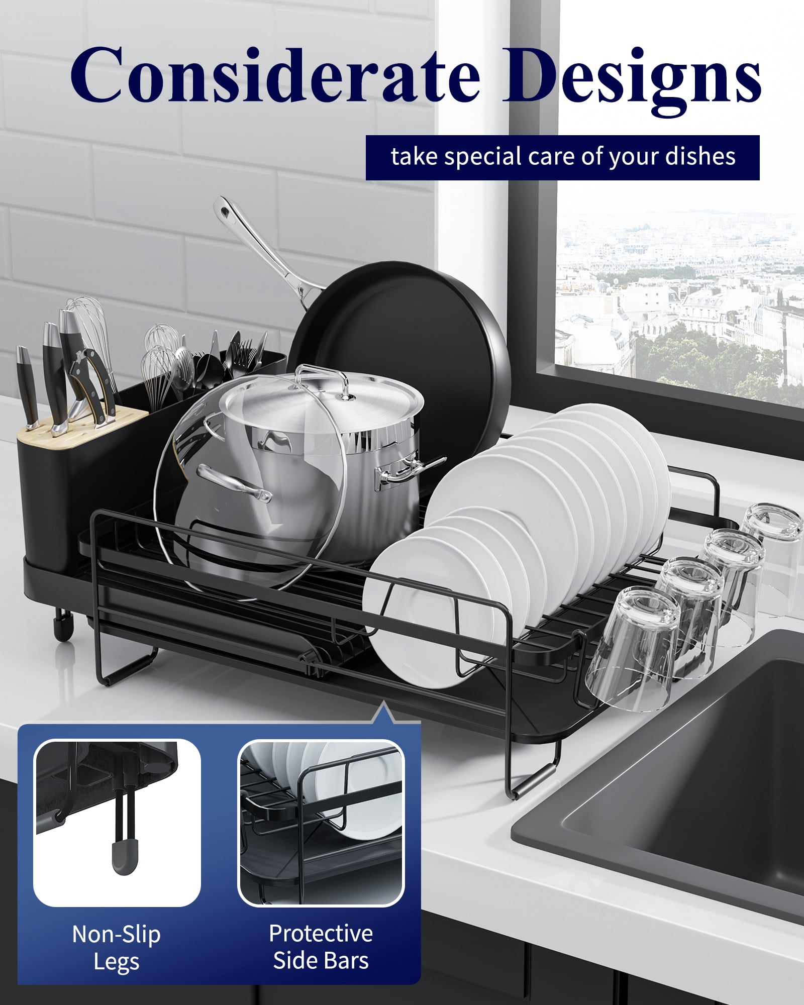Sakugi Dish Drying Rack, Extendable Dish Drainer, Anti-Rust Dish Rack for Kitchen Counter, 26.2" x 12.9" x 7.2", Black - Image 4