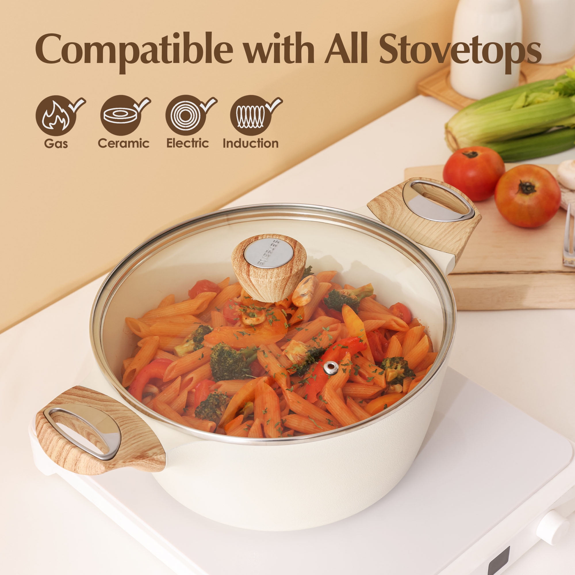 SENSARTE 13-Piece Ceramic Pots and Pans Set, White Nonstick Cookware Set, Healthy Kitchen Cooking Sets with Stay-Cool Handles, Induction Compatible, Stackable - Image 2