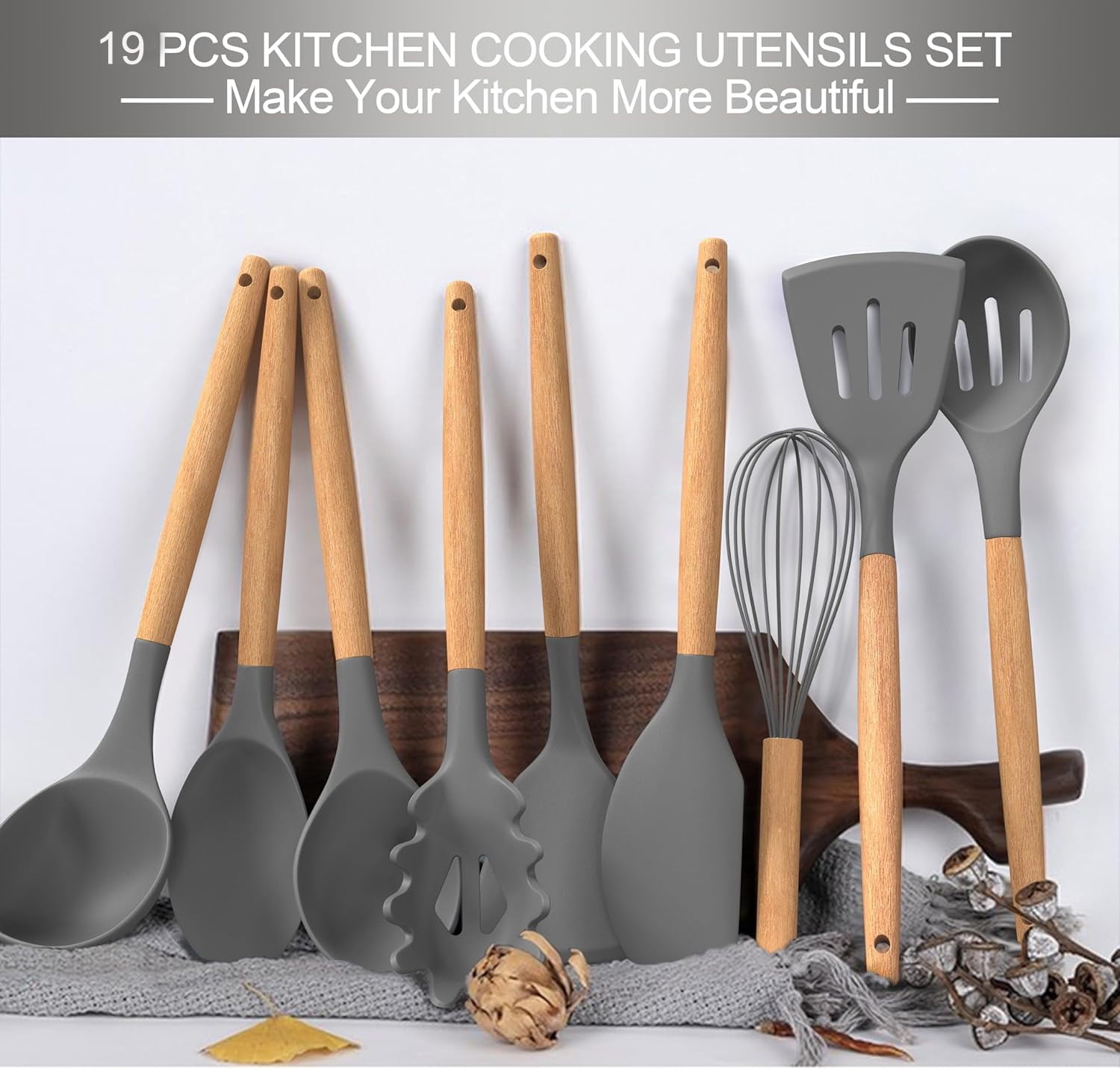Silicone Cooking Utensils Set, 19Pcs Non-Stick Heat Resistant Kitchen Utensils Spatula Set with Stainless Steel Chef's Knife Set, Cooking, Mixing, Best Kitchen Gadgets Tools with Holder (Grey) - Image 3